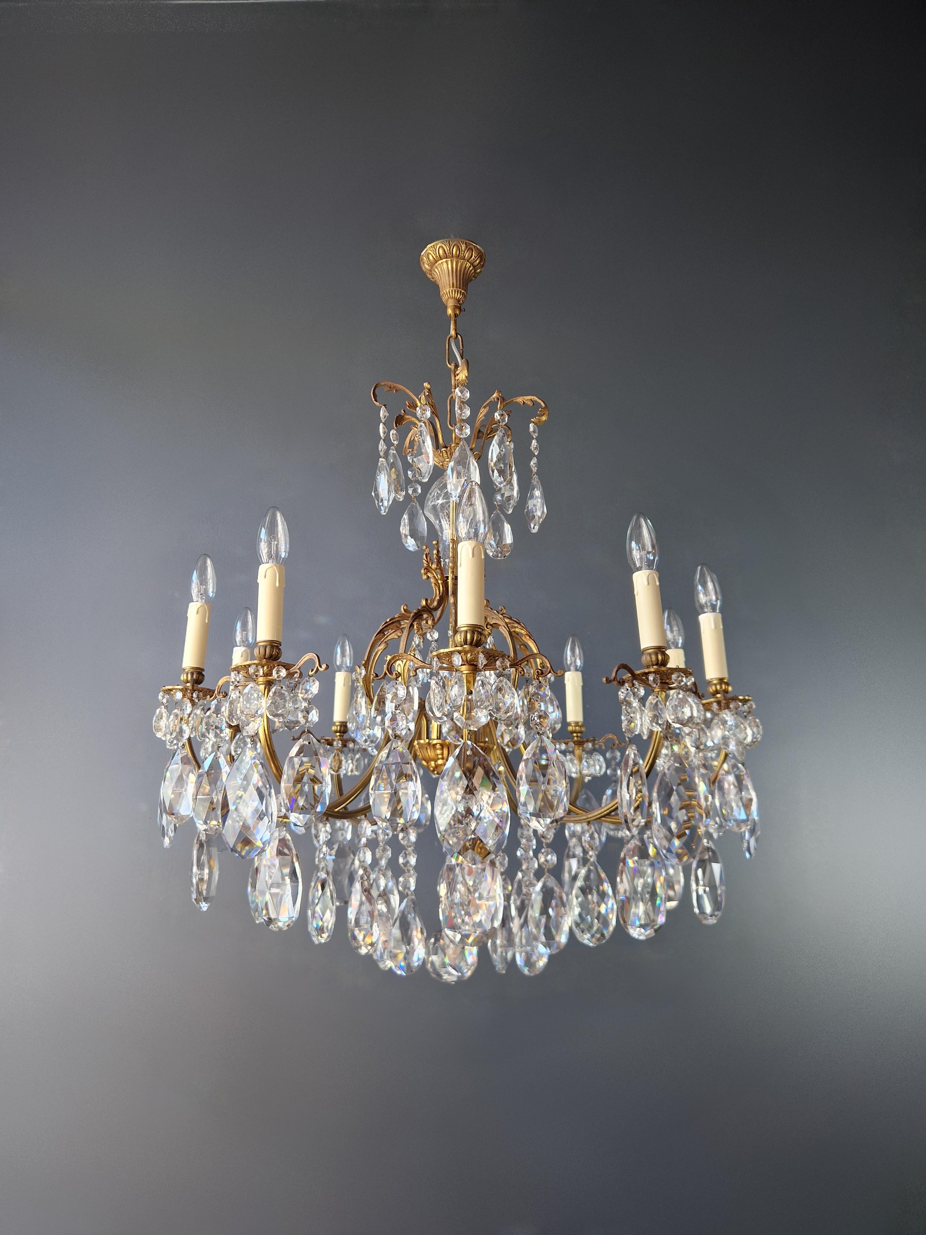 Hand-Knotted Art Nouveau Style Brass Crystal Chandelier Gold Foliage  For Sale