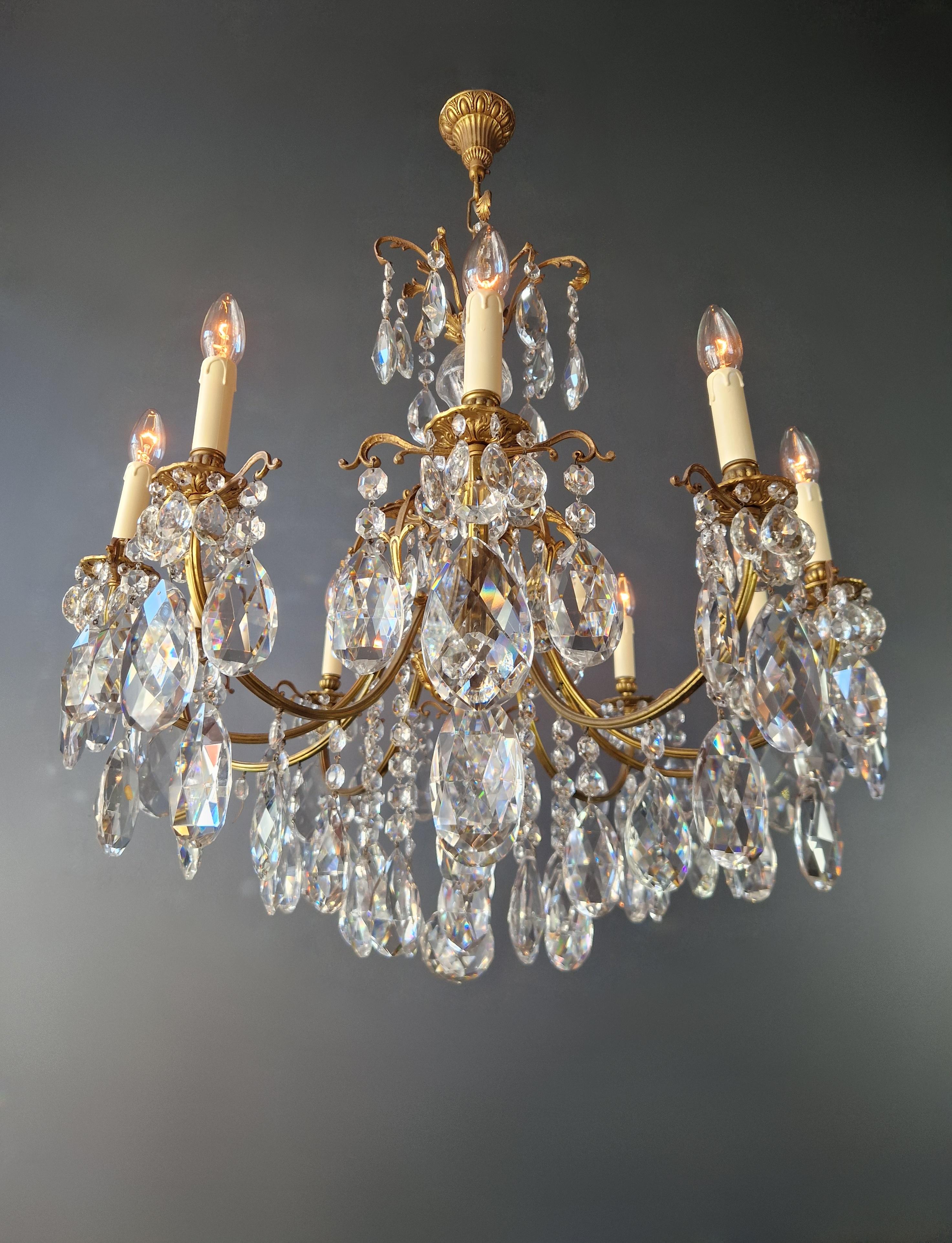 Mid-20th Century Art Nouveau Style Brass Crystal Chandelier Gold Foliage  For Sale