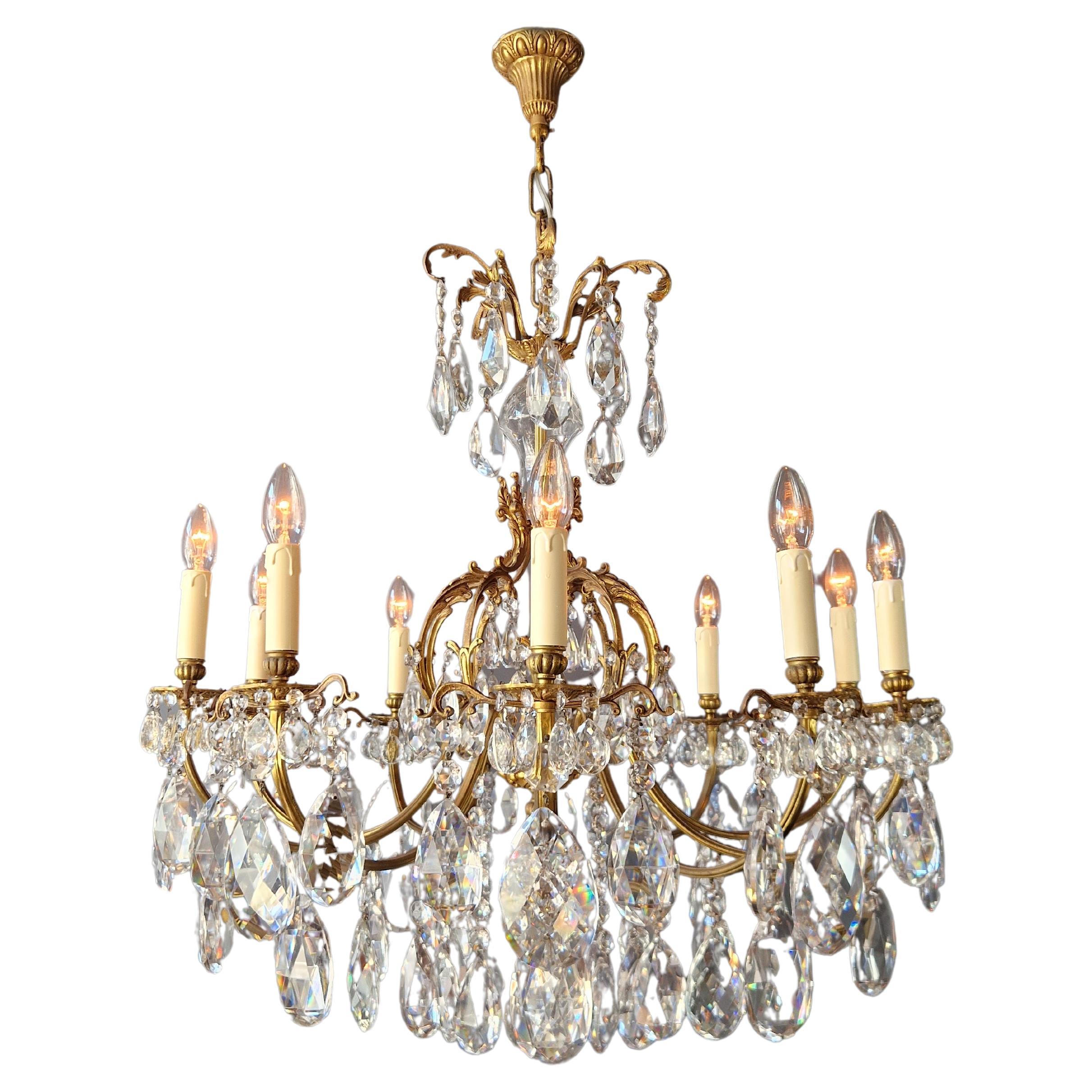 Art Nouveau Style Brass Crystal Chandelier Gold Foliage  For Sale