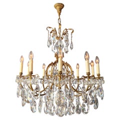 Vintage Art Nouveau Style Brass Crystal Chandelier Gold Foliage 