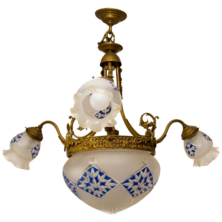 Art Nouveau Style Bronze And Frosted Glass Chandelier For At Art Nouveau Style Bronze And Frosted Glass Chandelier For