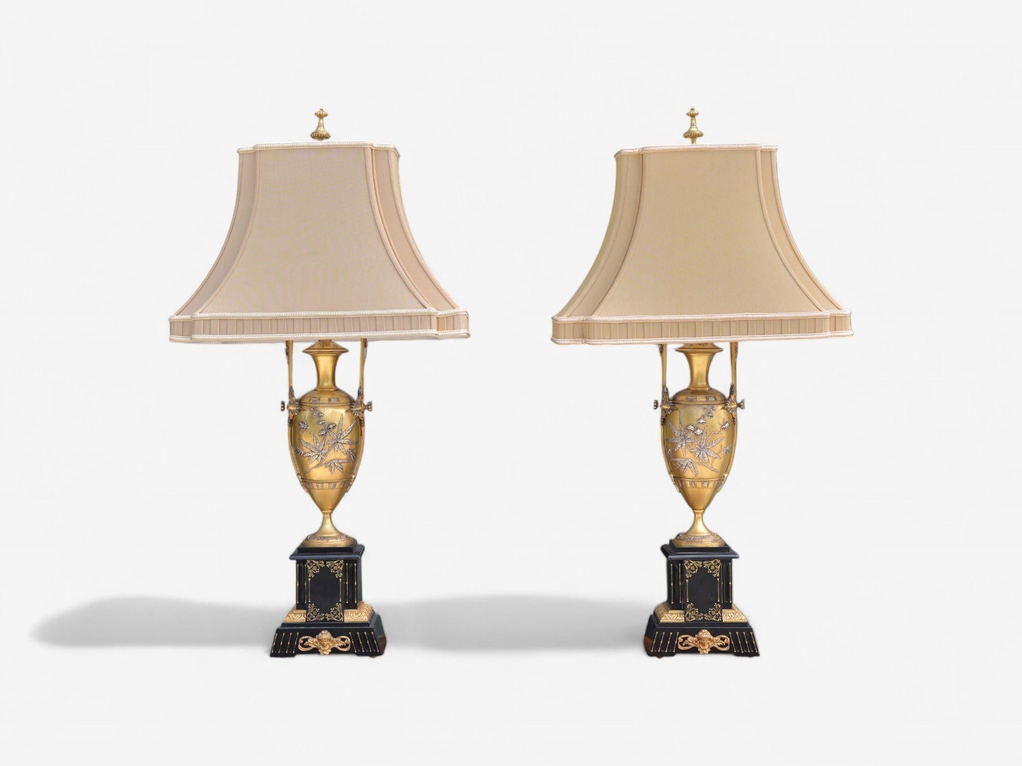 French Art Nouveau Style, Bronze, Ebony, Linen, Table Lamps, France, 1920s For Sale