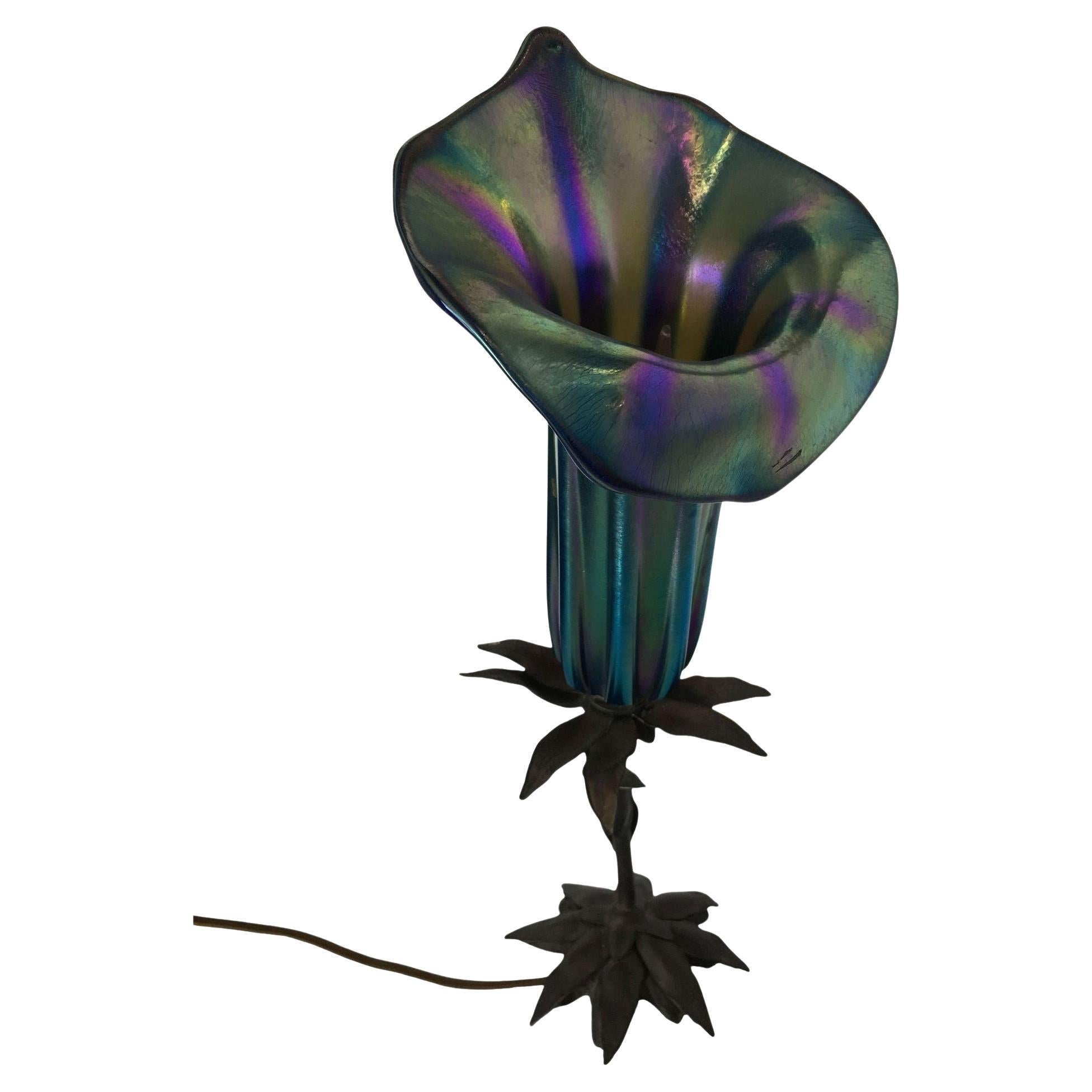 Art Nouveau Style Bronze Lilly Table Lamp W/ Bell Shade For Sale