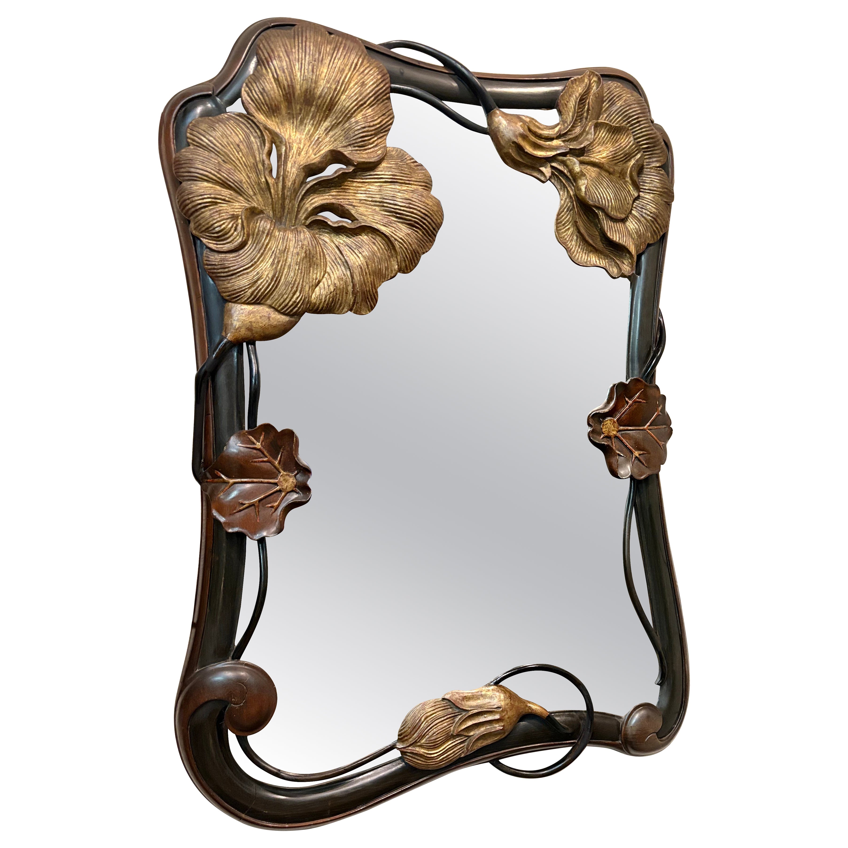 Art Nouveau Style Carved and Polychromed Wooden Mirror with Floral Motif