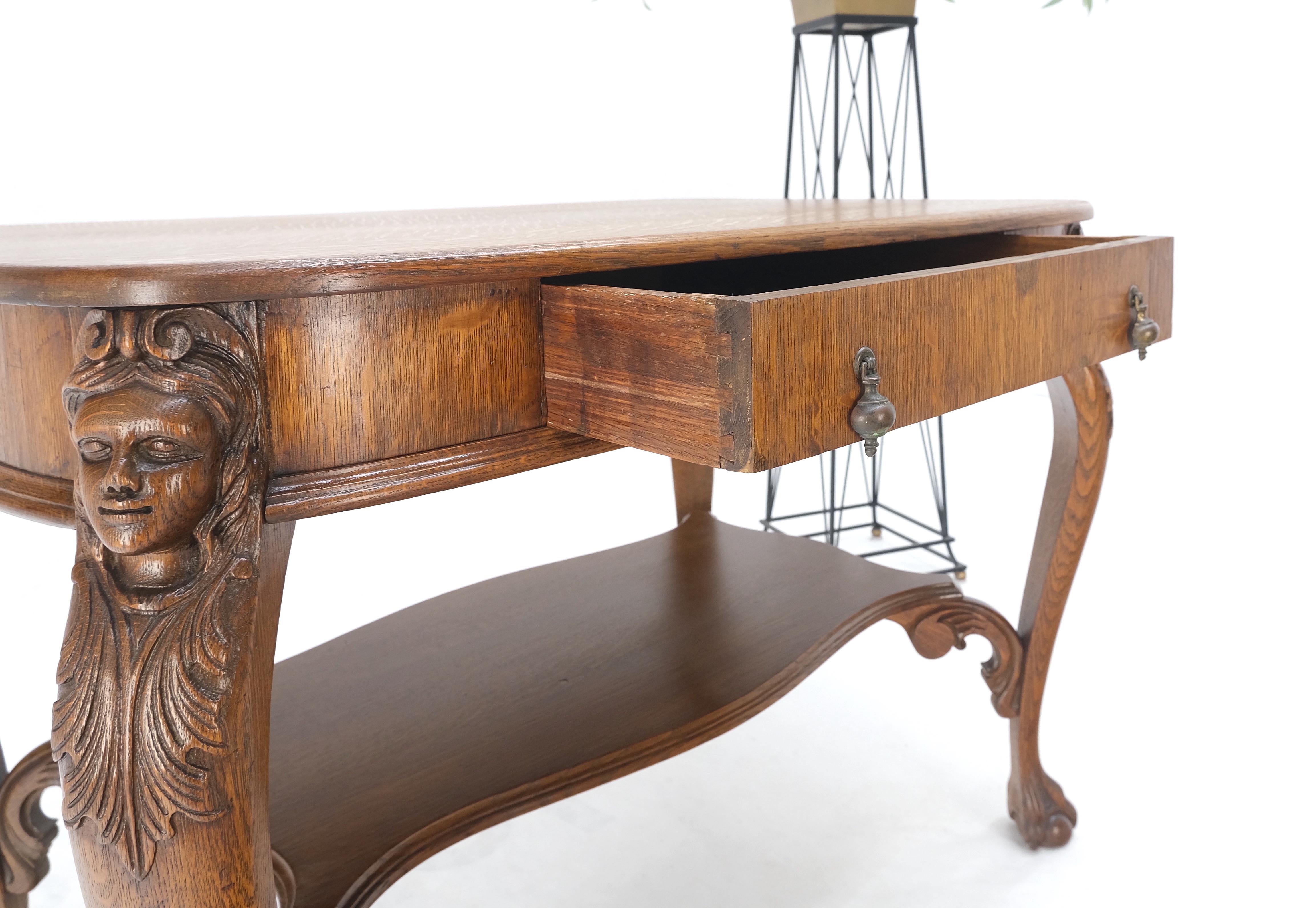 20th Century Art Nouveau Style Carved Faces Ball & Claw Feet Rounded Oak Desk Writing Table For Sale