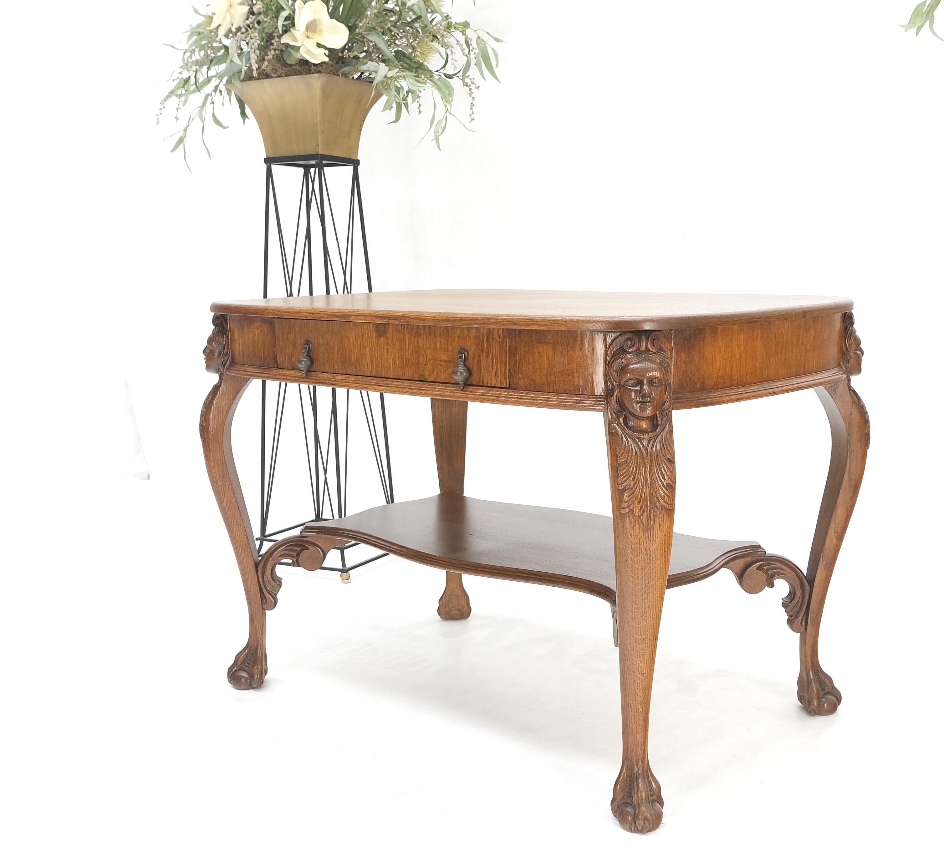 Art Nouveau Style Carved Faces Ball & Claw Feet Rounded Oak Desk Writing Table For Sale 1