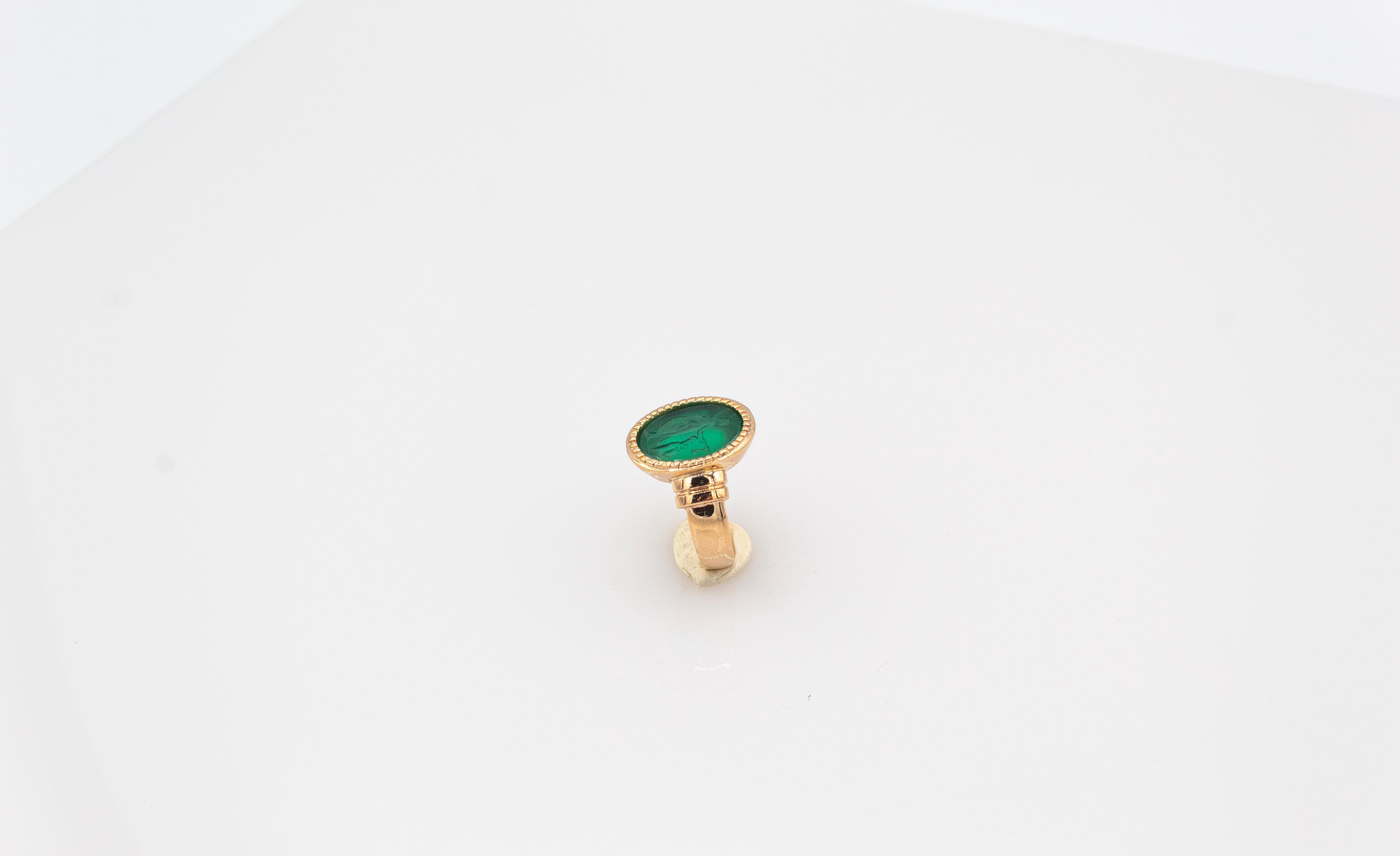 Oval Cut Art Nouveau Style Carved Green Carnelian Yellow Gold Cocktail Ring