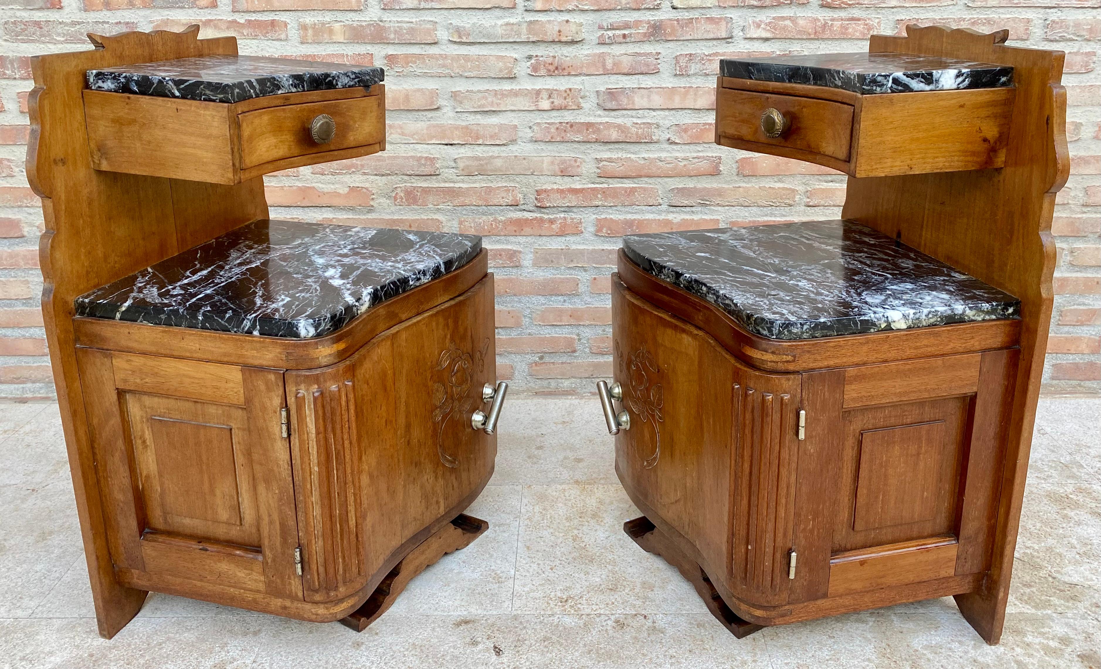 Art Nouveau Style Carved Nightstands or Bedside Tables with Marble Top, 1930, Se For Sale 5