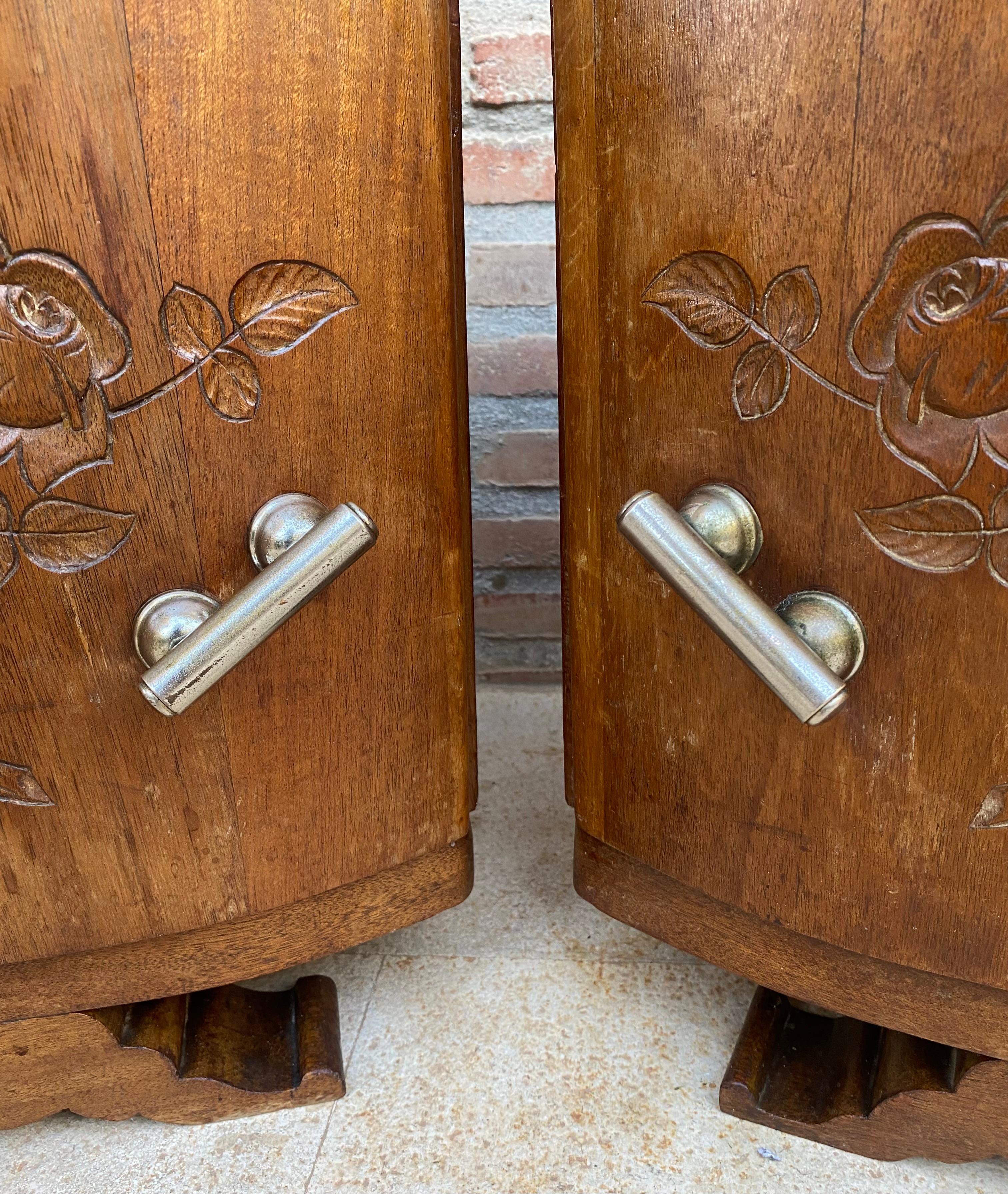 Art Nouveau Style Carved Nightstands or Bedside Tables with Marble Top, 1930, Se For Sale 5
