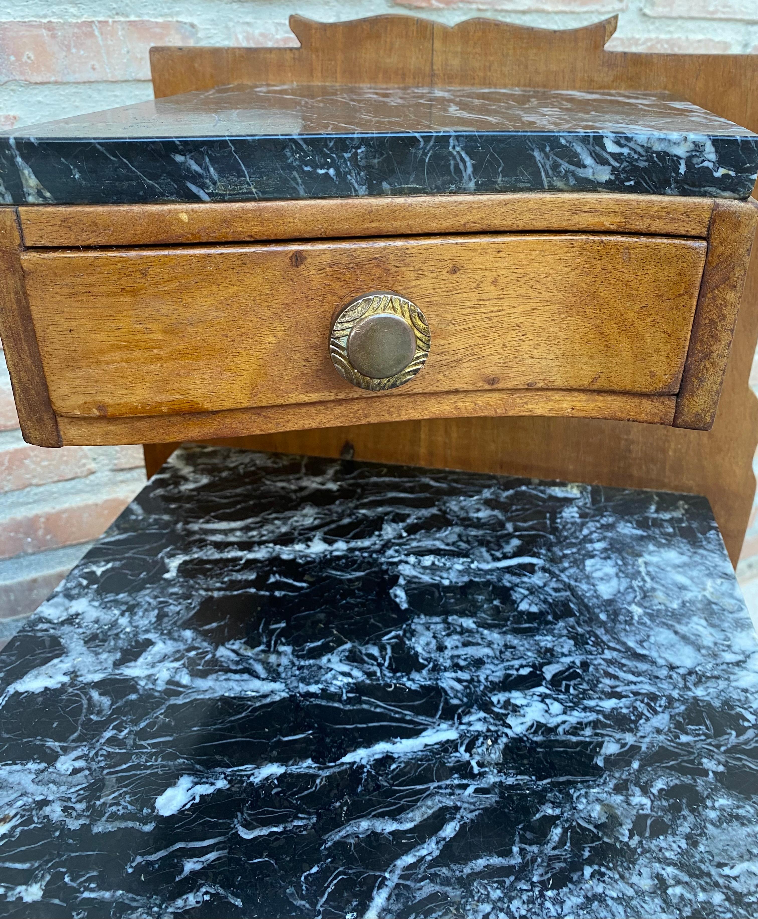 Art Nouveau Style Carved Nightstands or Bedside Tables with Marble Top, 1930, Se For Sale 6