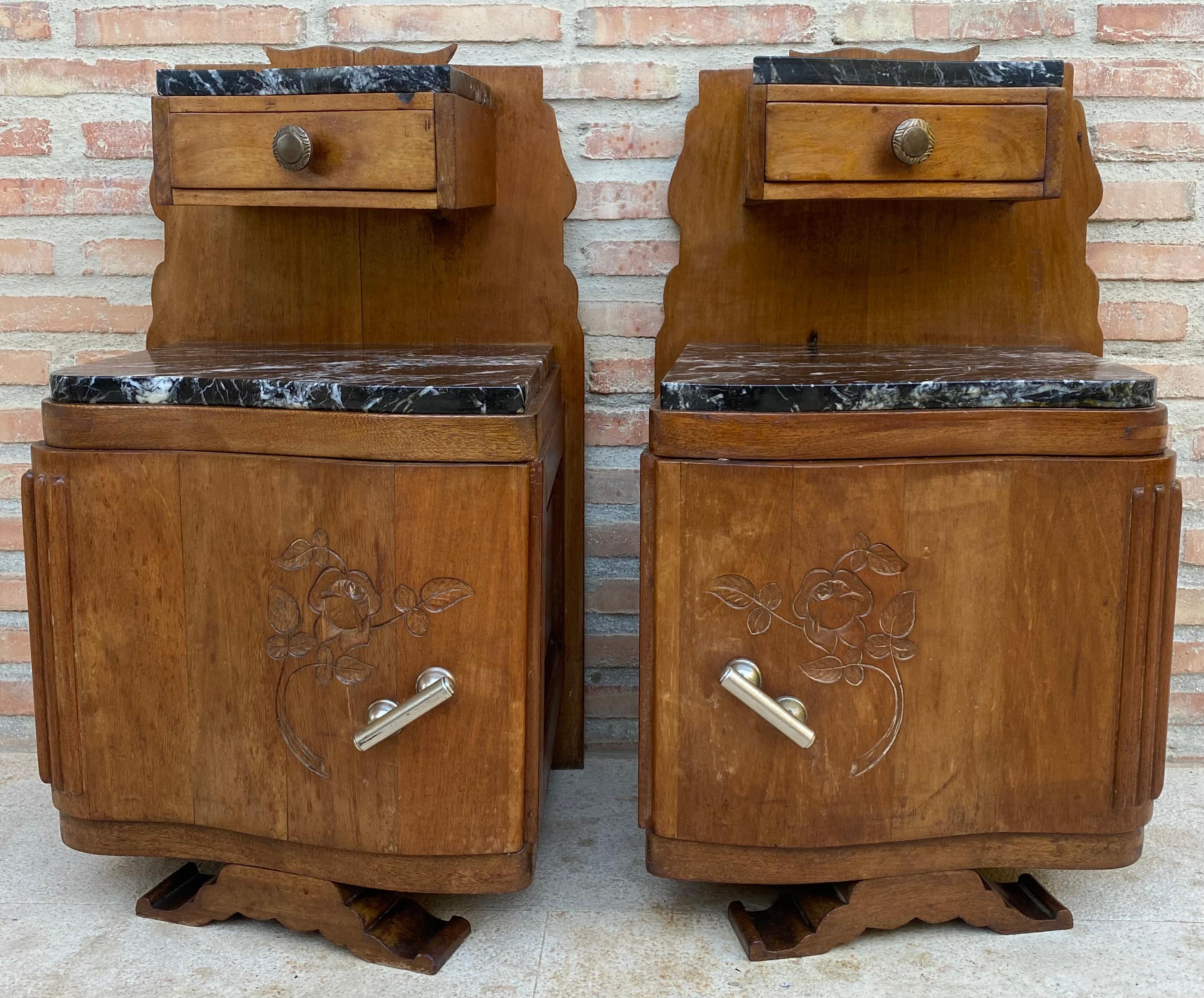 French Art Nouveau Style Carved Nightstands or Bedside Tables with Marble Top, 1930, Se For Sale