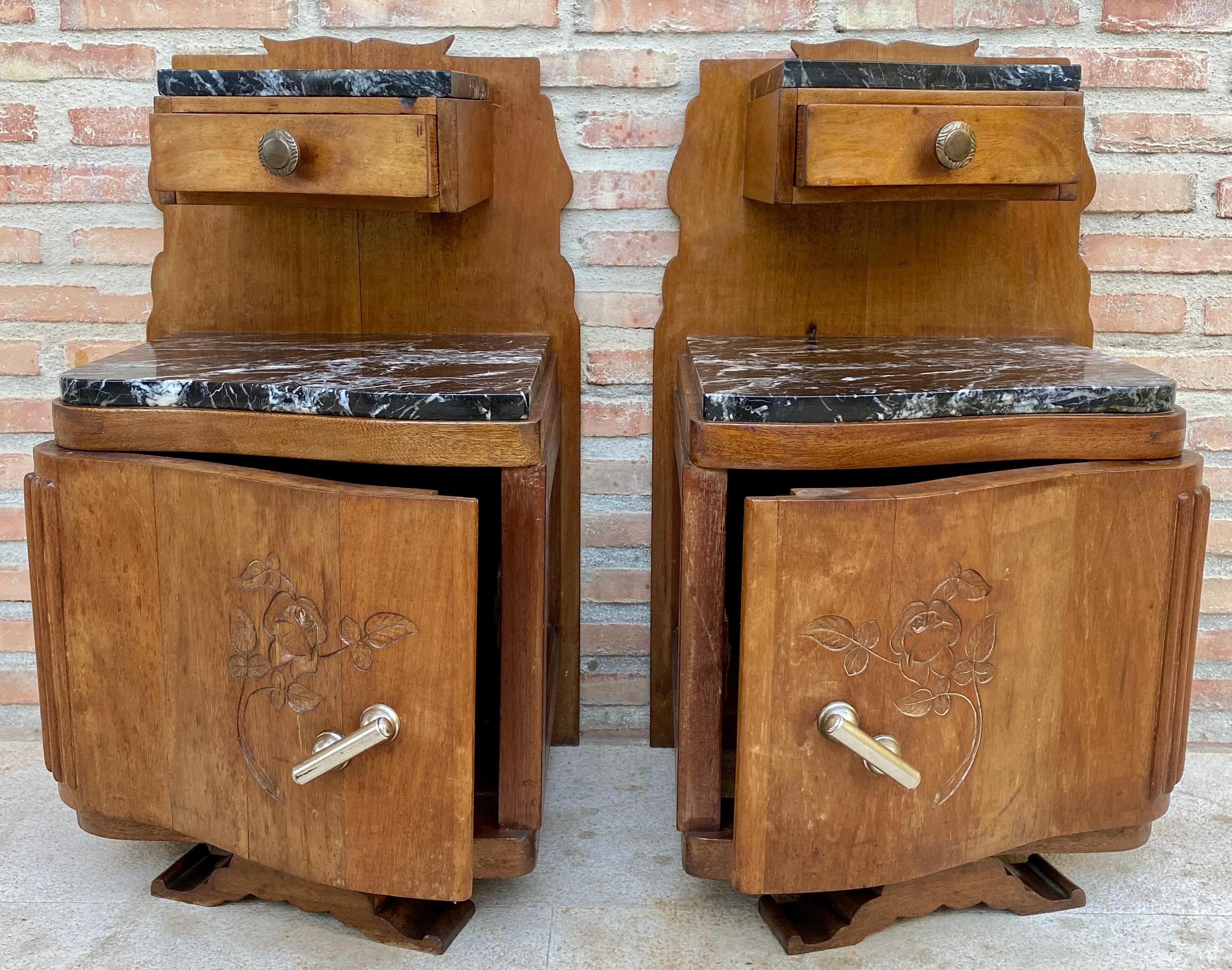 20th Century Art Nouveau Style Carved Nightstands or Bedside Tables with Marble Top, 1930, Se For Sale