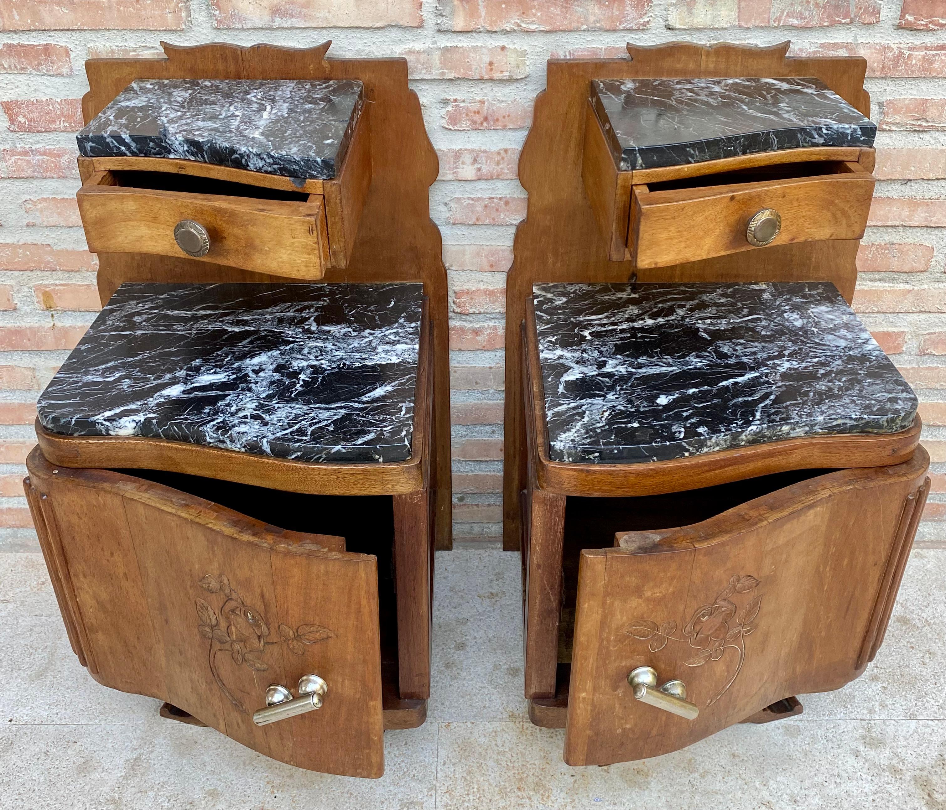 Art Nouveau Style Carved Nightstands or Bedside Tables with Marble Top, 1930, Se For Sale 2