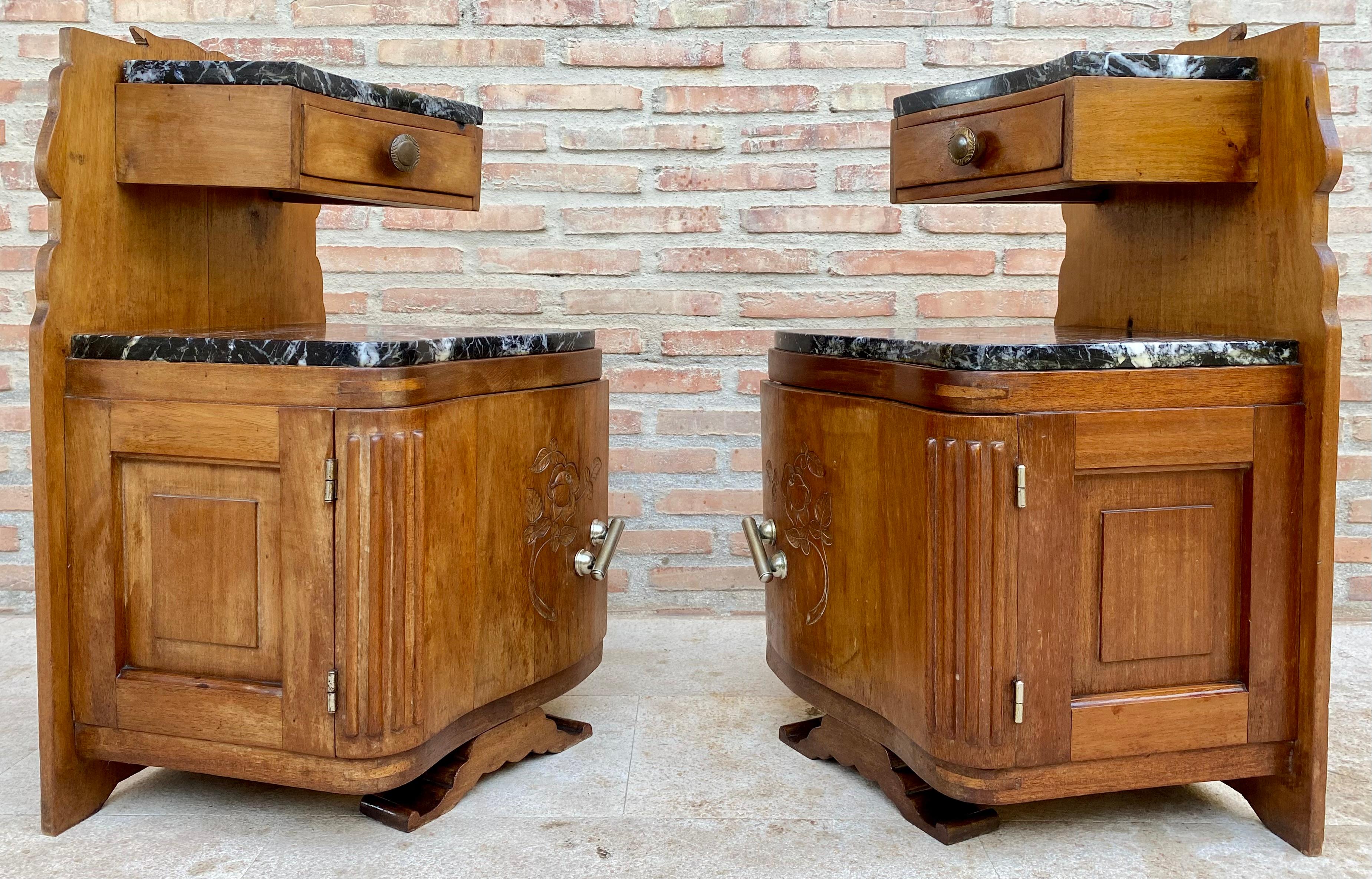 Art Nouveau Style Carved Nightstands or Bedside Tables with Marble Top, 1930, Se For Sale 3
