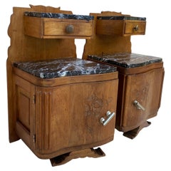 Vintage Art Nouveau Style Carved Nightstands or Bedside Tables with Marble Top, 1930, Se