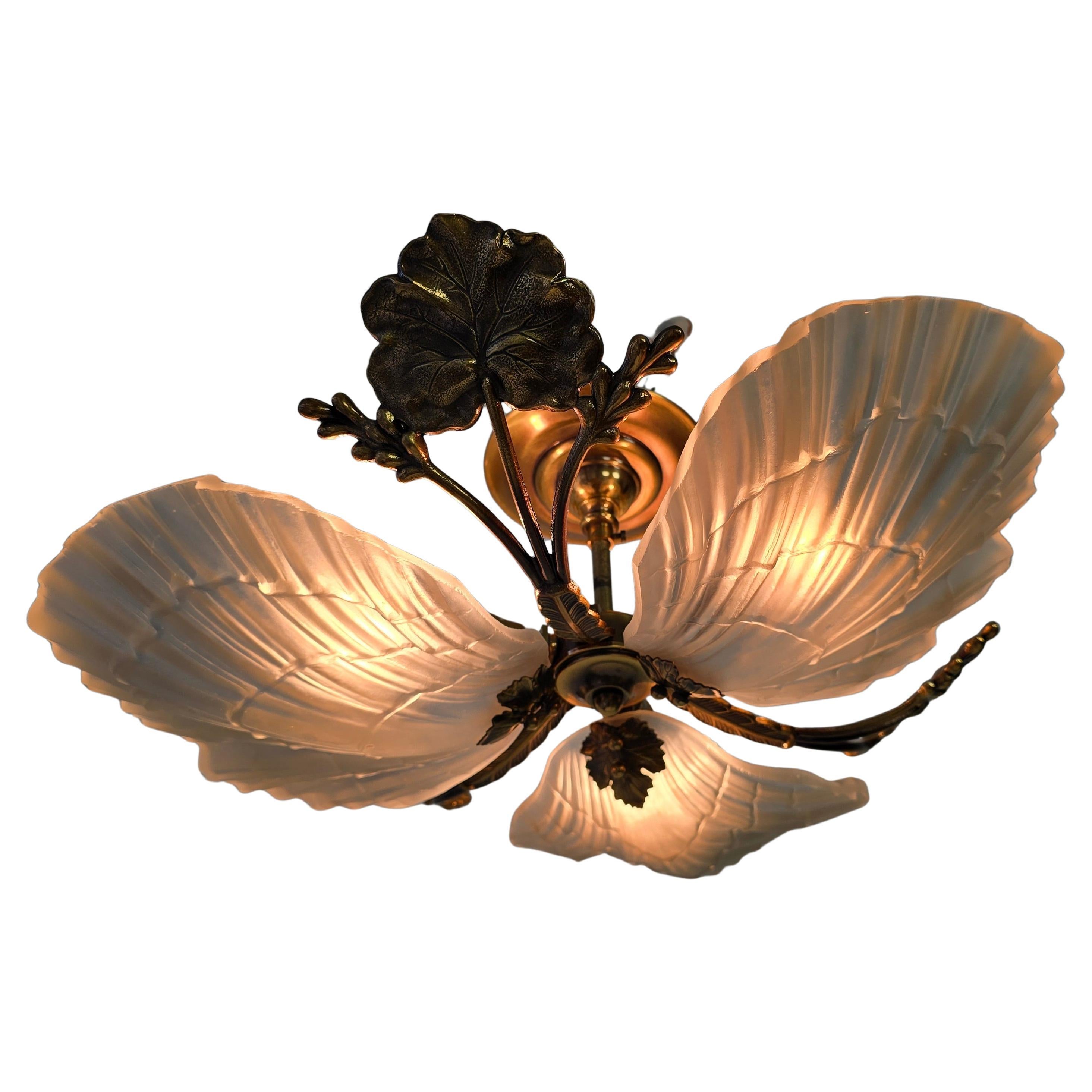 Hollywood Regency Art Nouveau Style Ceiling Light with Bronze and Etched Glass Shell Shades For Sale
