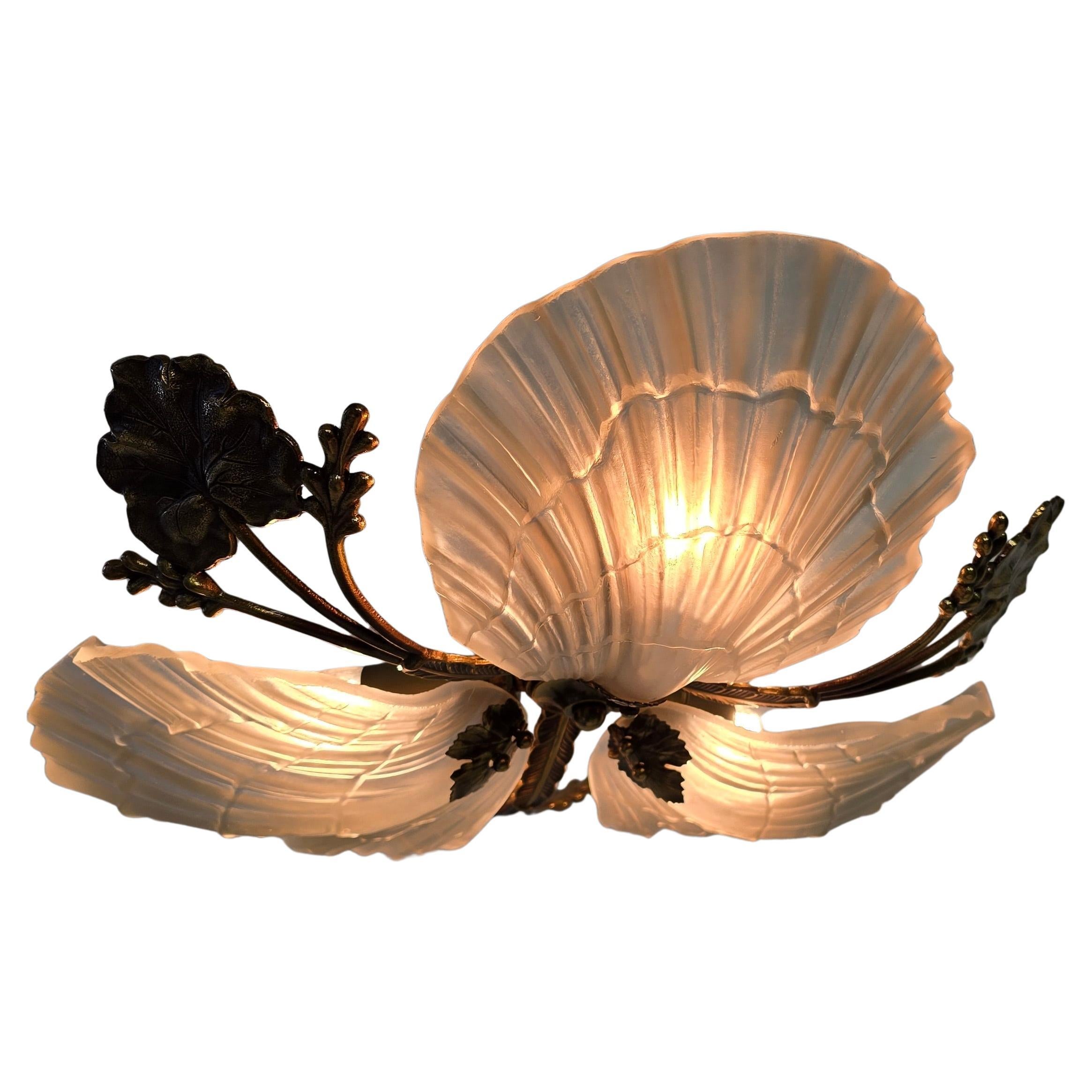 Italian Art Nouveau Style Ceiling Light with Bronze and Etched Glass Shell Shades For Sale