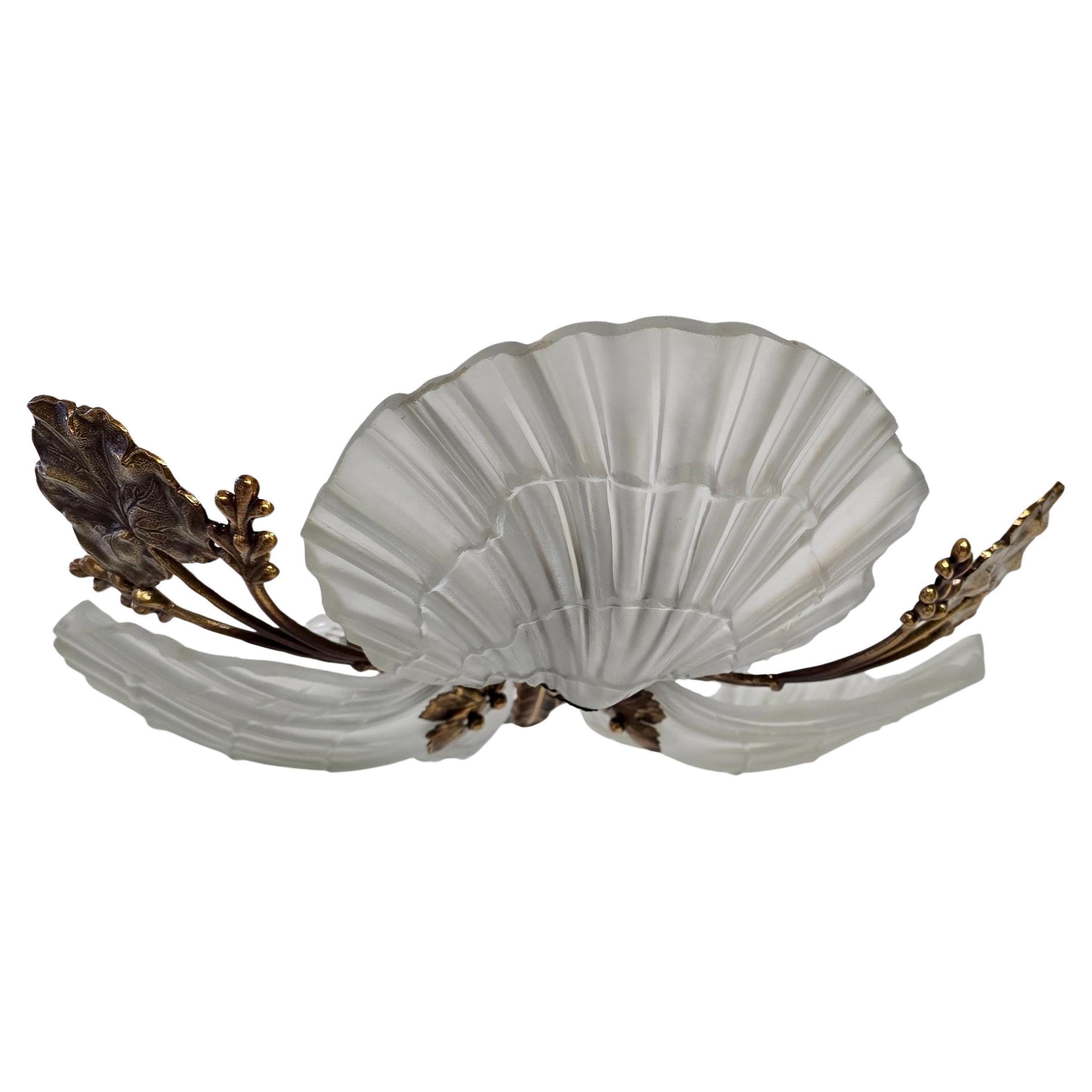 Art Nouveau Style Ceiling Light with Bronze and Etched Glass Shell Shades In Good Condition For Sale In Antwerp, BE