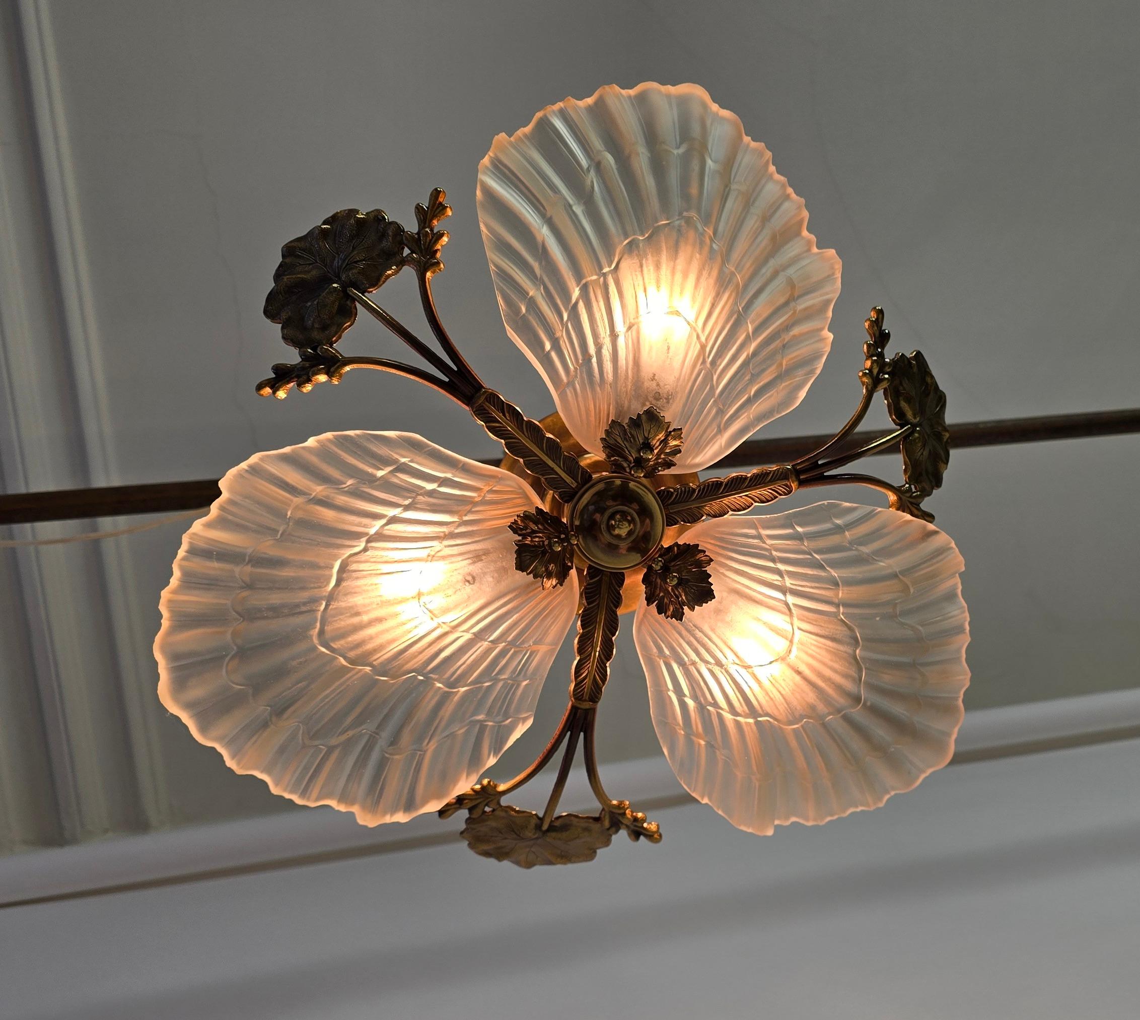 20th Century Art Nouveau Style Ceiling Light with Bronze and Etched Glass Shell Shades For Sale