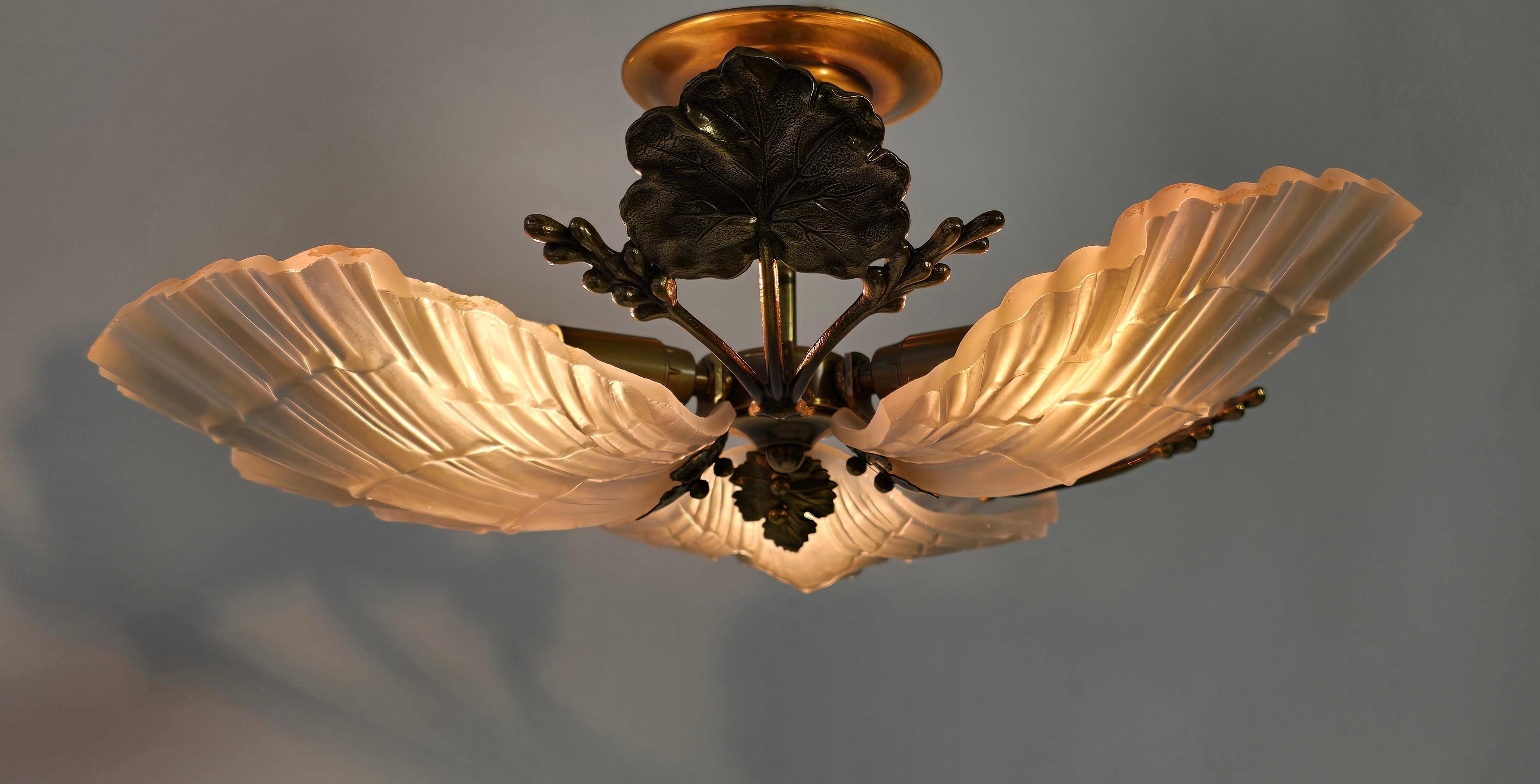 Brass Art Nouveau Style Ceiling Light with Bronze and Etched Glass Shell Shades For Sale
