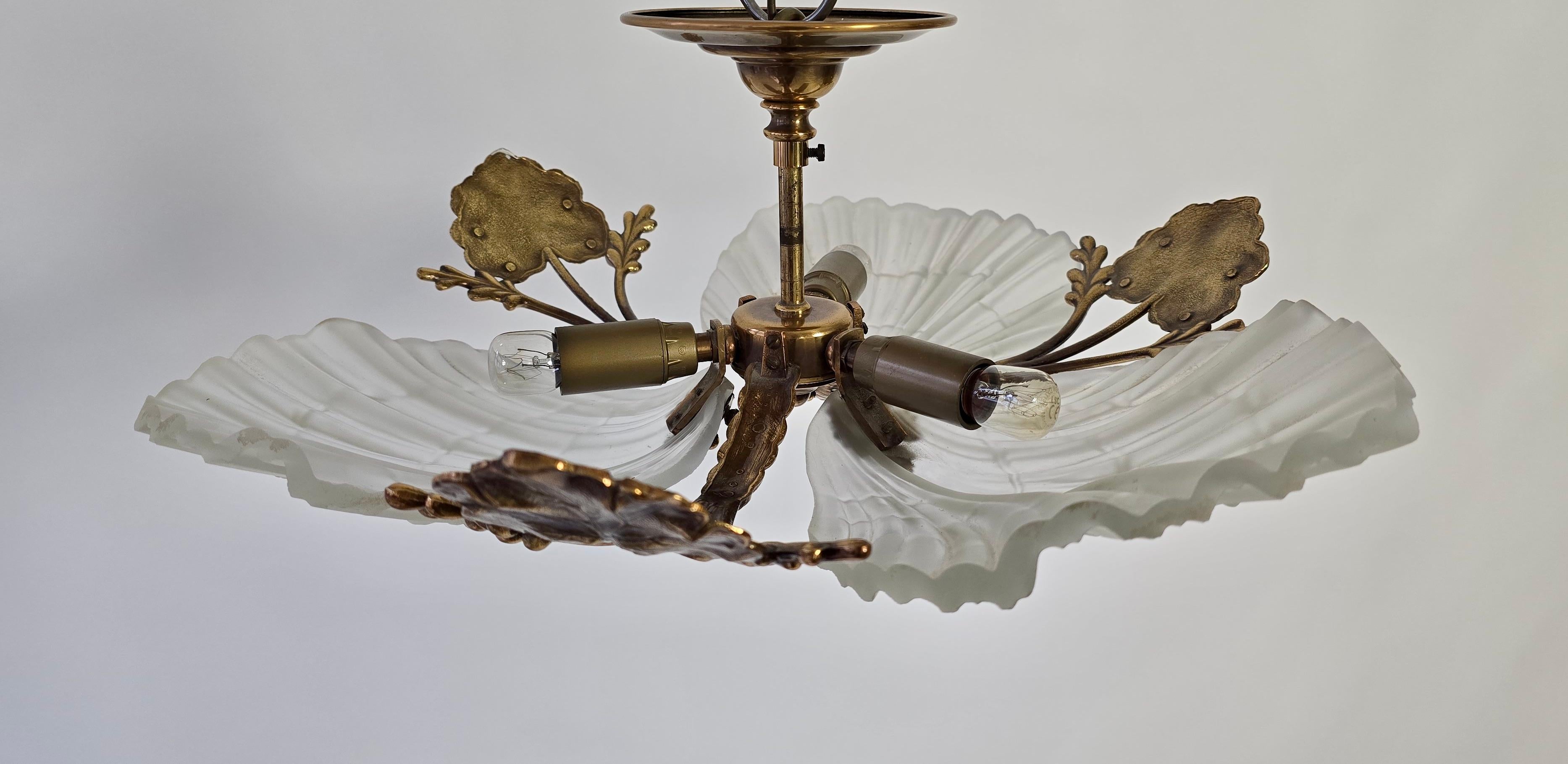 Art Nouveau Style Ceiling Light with Bronze and Etched Glass Shell Shades For Sale 1