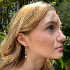 Art Nouveau-Style Dangle Earrings in 18 Karat Gold with Silver Akoya Pearls