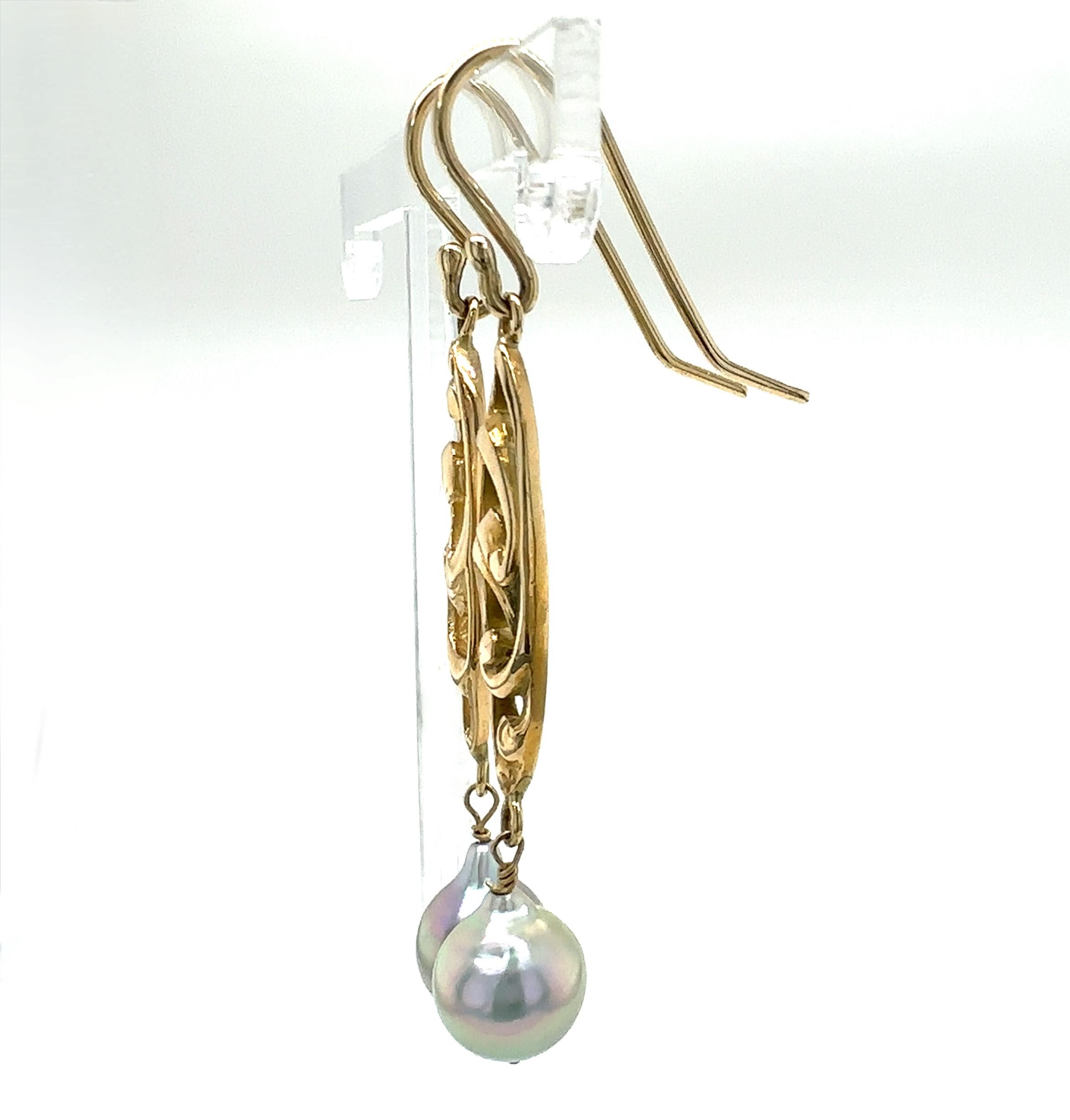 Uncut Art Nouveau-Style Dangle Earrings in 18 Karat Gold with Silver Akoya Pearls For Sale