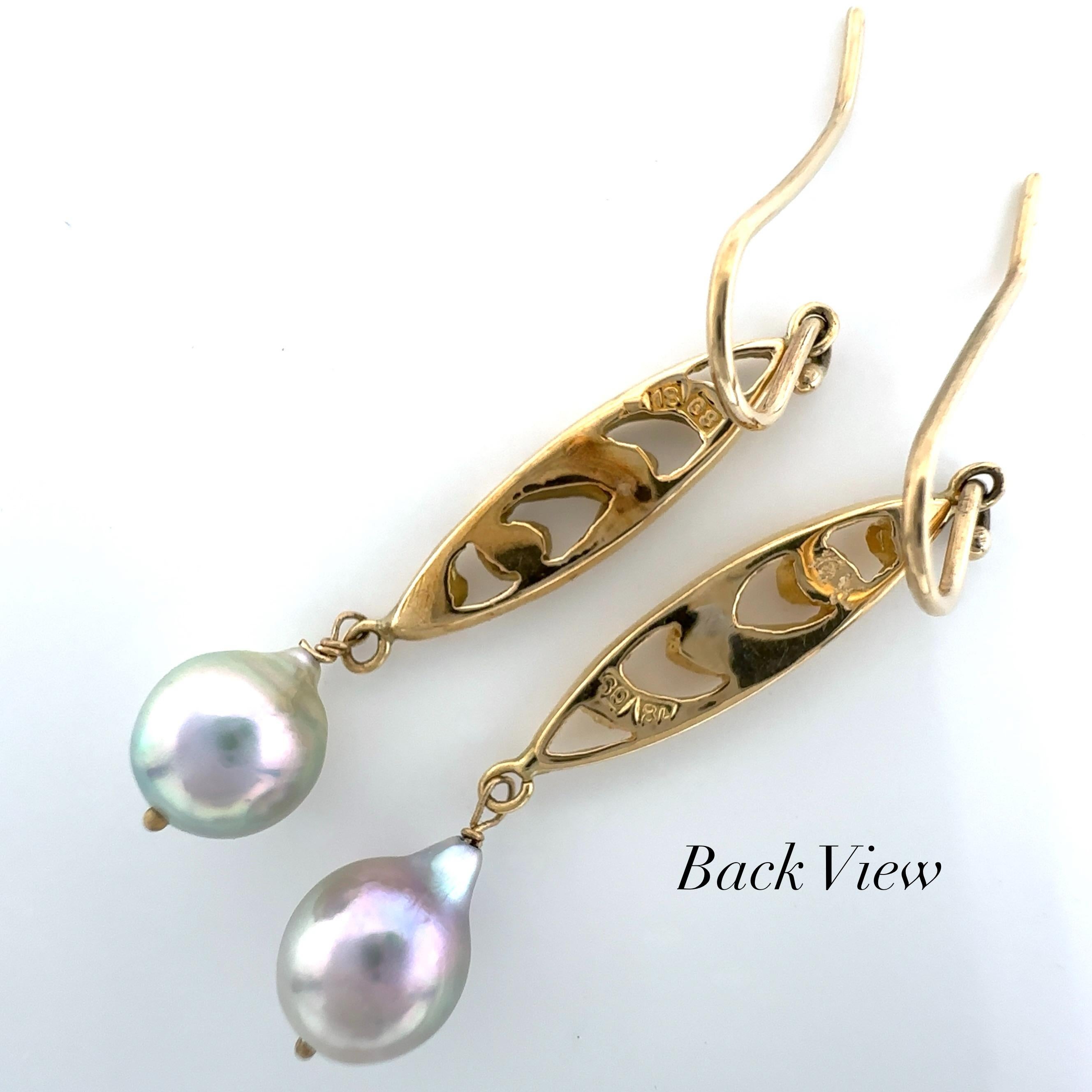 Women's Art Nouveau-Style Dangle Earrings in 18 Karat Gold with Silver Akoya Pearls For Sale