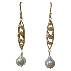 Art Nouveau-Style Dangle Earrings in 18 Karat Gold with Silver Akoya Pearls