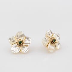 Jugendstil Diamant Smaragd Perlmutt Gelbgold "Blumen" Ohrringe