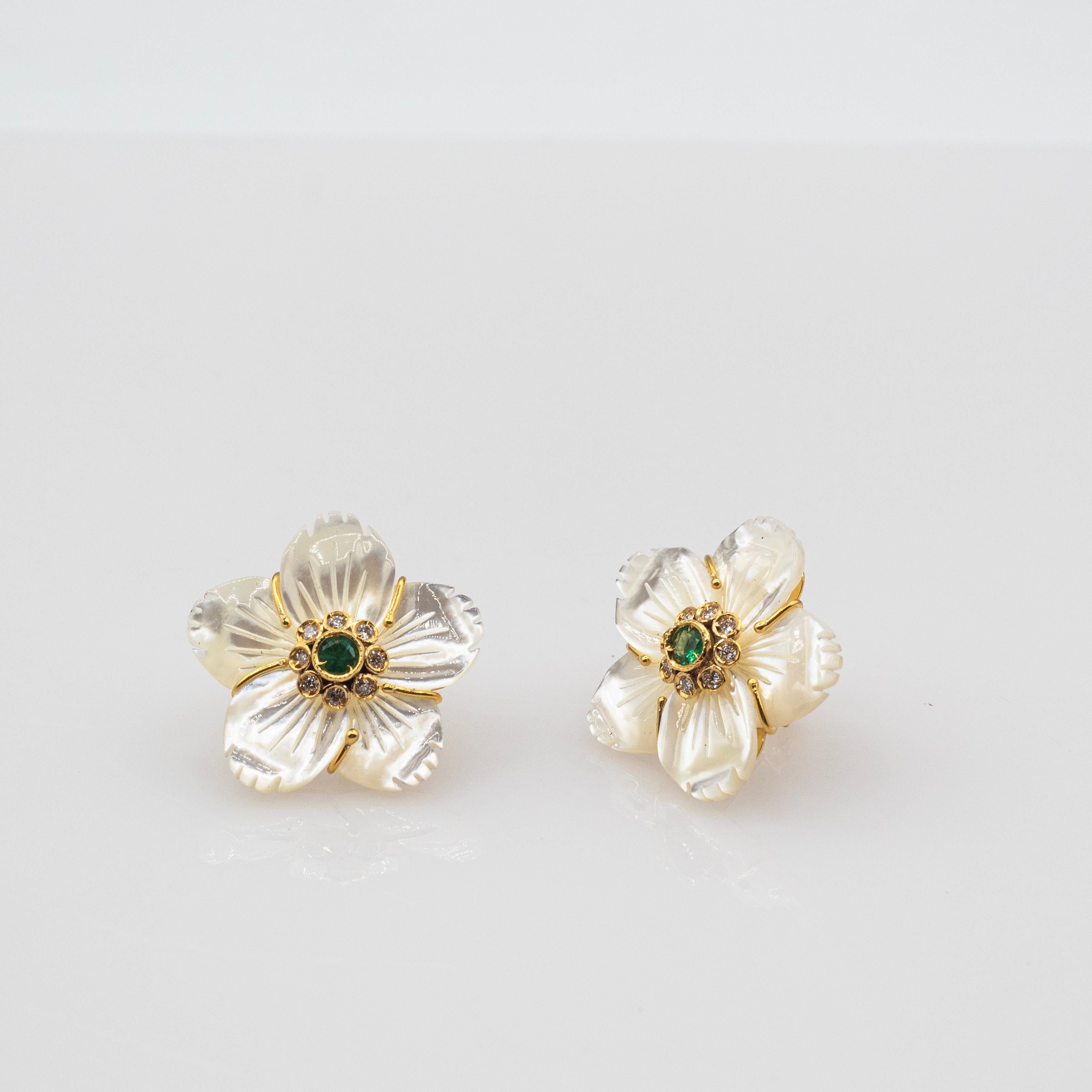 Art Nouveau Style Diamond Emerald Mother of Pearl Yellow Gold 