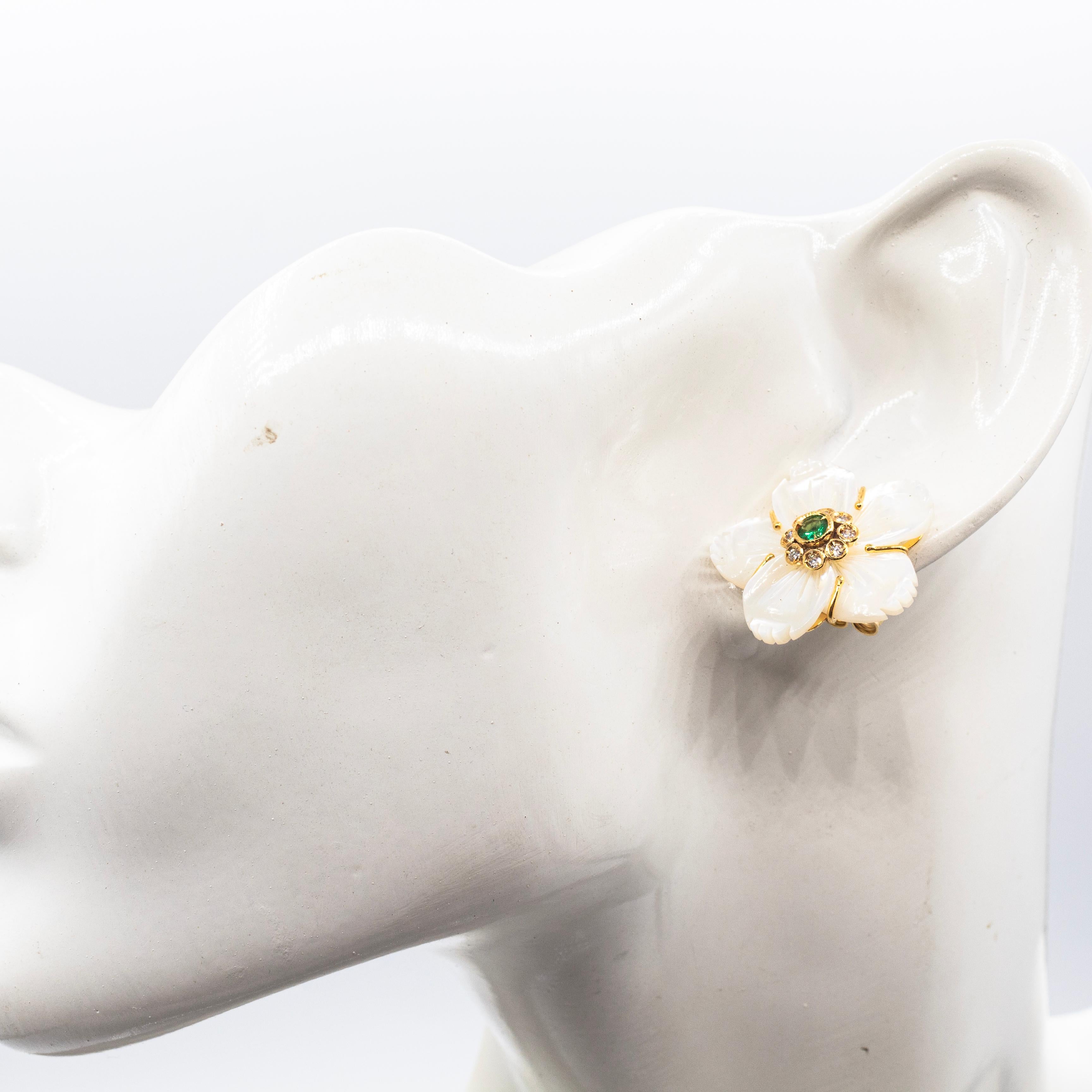 Art Nouveau Style Diamond Emerald Mother of Pearl Yellow Gold 