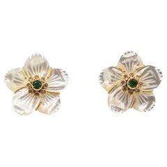 Jugendstil Diamant Smaragd Perlmutt Gelbgold "Blumen" Ohrringe