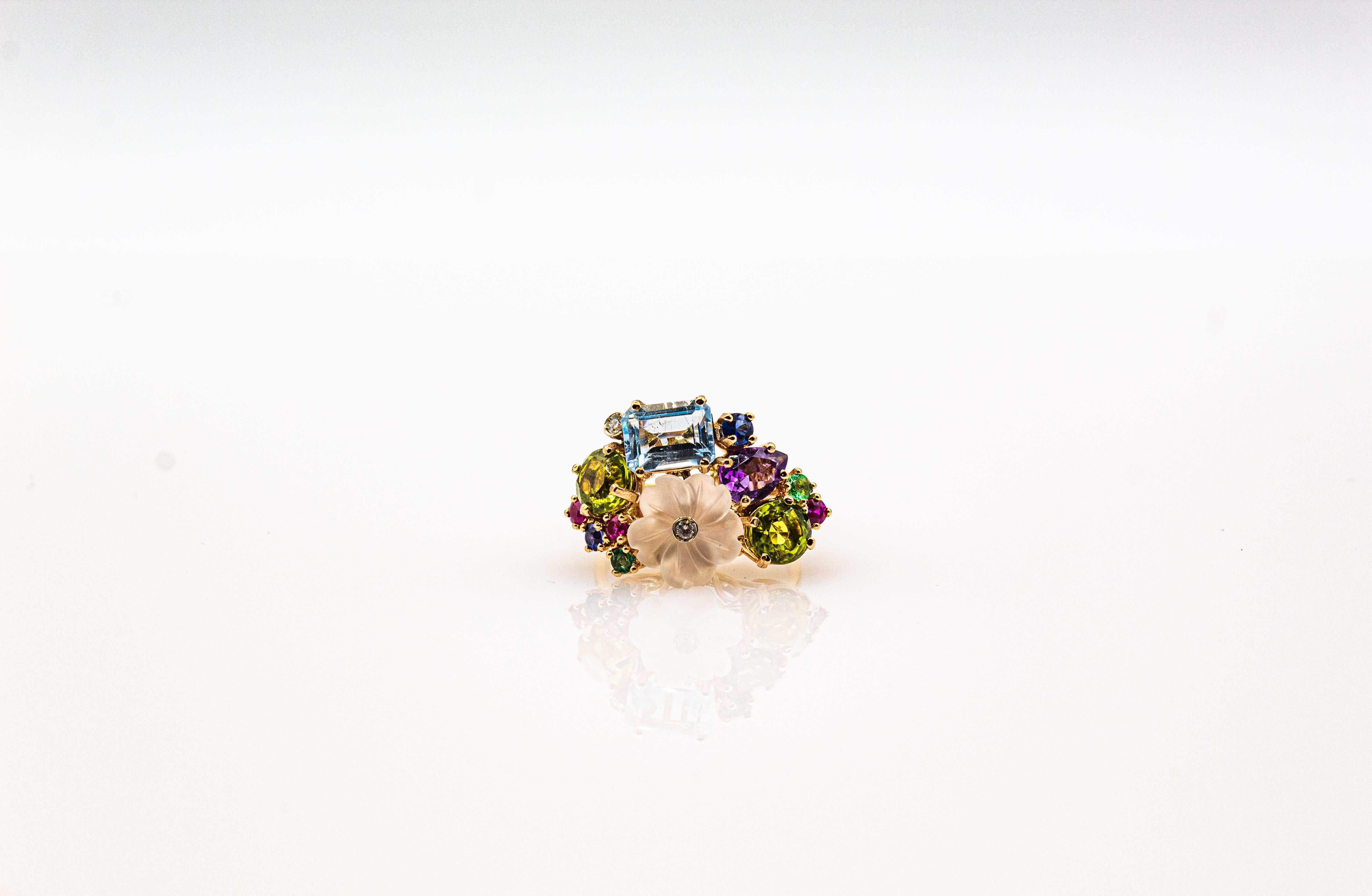 Art Nouveau Style Diamond Emerald Ruby Sapphire Amethyst Cocktail “Flowers” Ring For Sale 5
