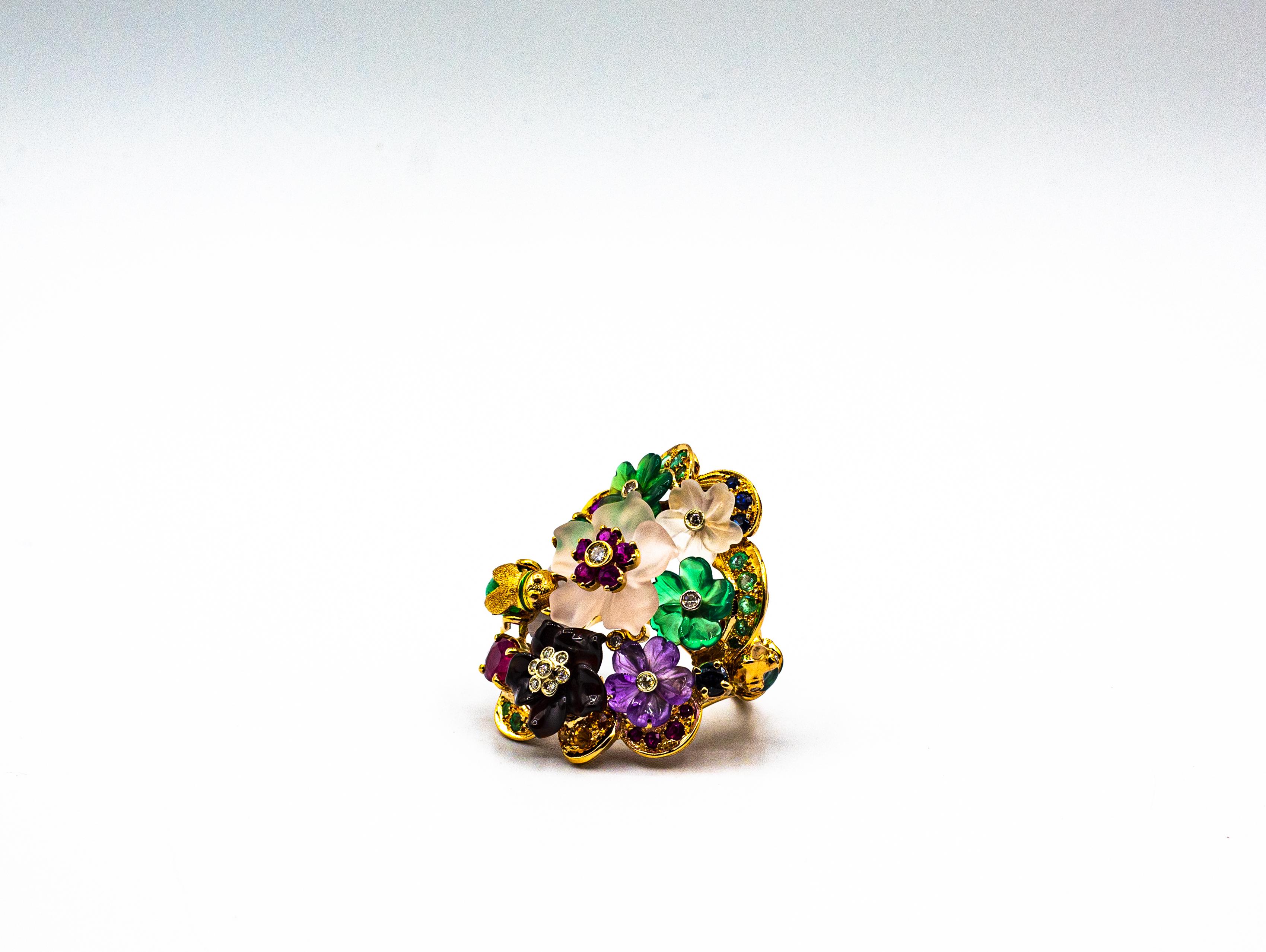 Art Nouveau Style Diamond Emerald Ruby Sapphire Amethyst Cocktail “Flowers” Ring 5