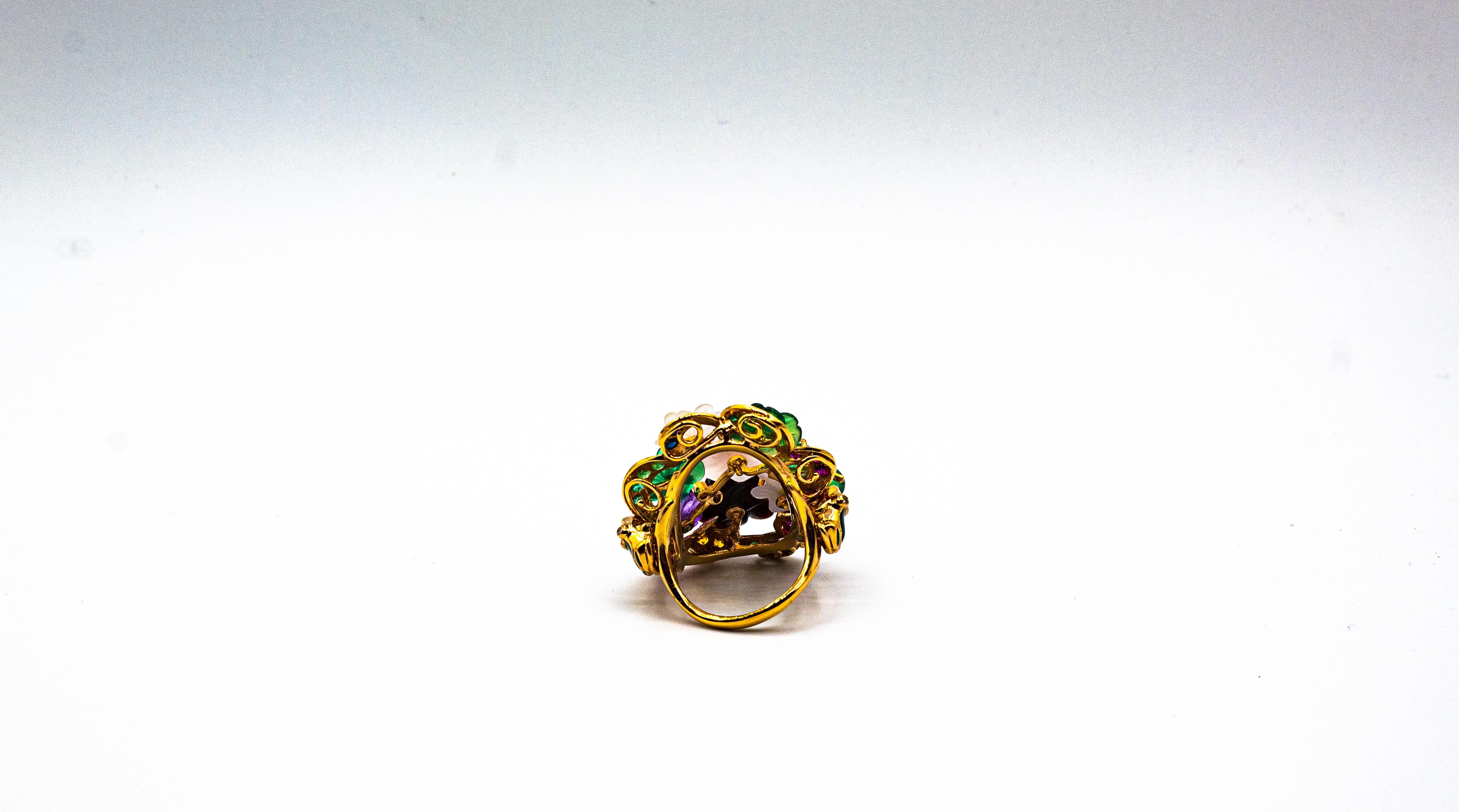 Art Nouveau Style Diamond Emerald Ruby Sapphire Amethyst Cocktail “Flowers” Ring For Sale 6