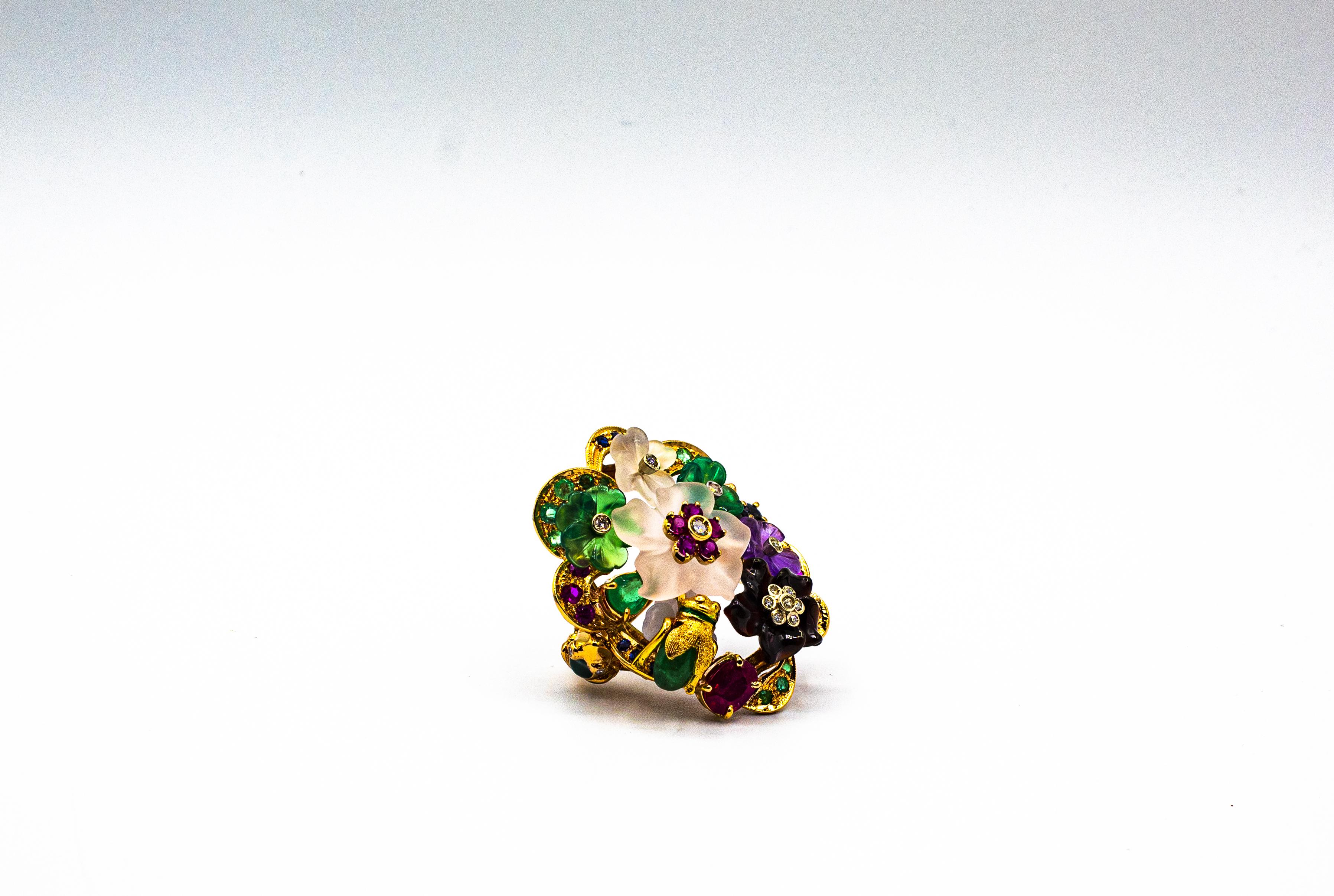 Art Nouveau Style Diamond Emerald Ruby Sapphire Amethyst Cocktail “Flowers” Ring 7