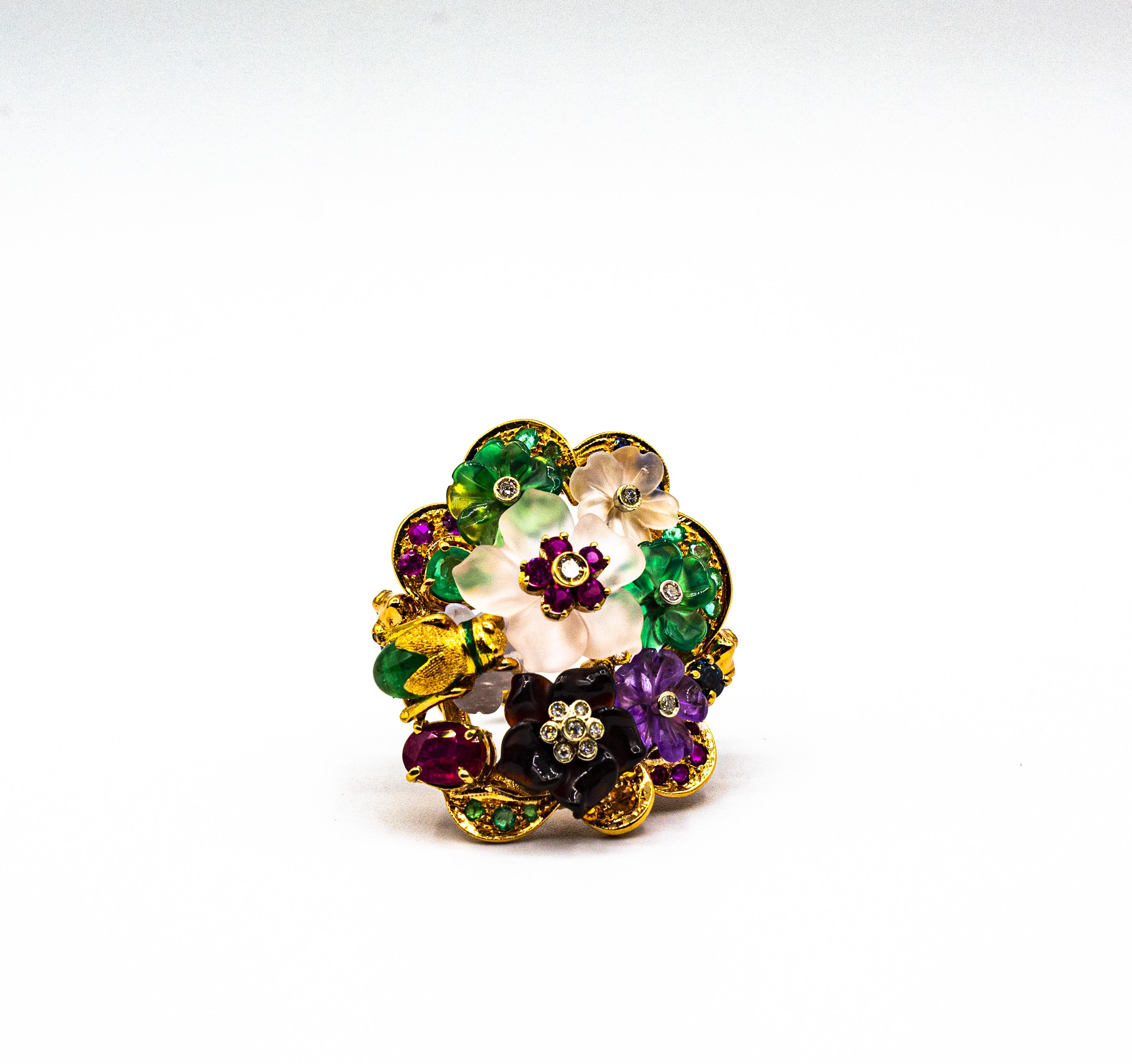 Art Nouveau Style Diamond Emerald Ruby Sapphire Amethyst Cocktail “Flowers” Ring 8