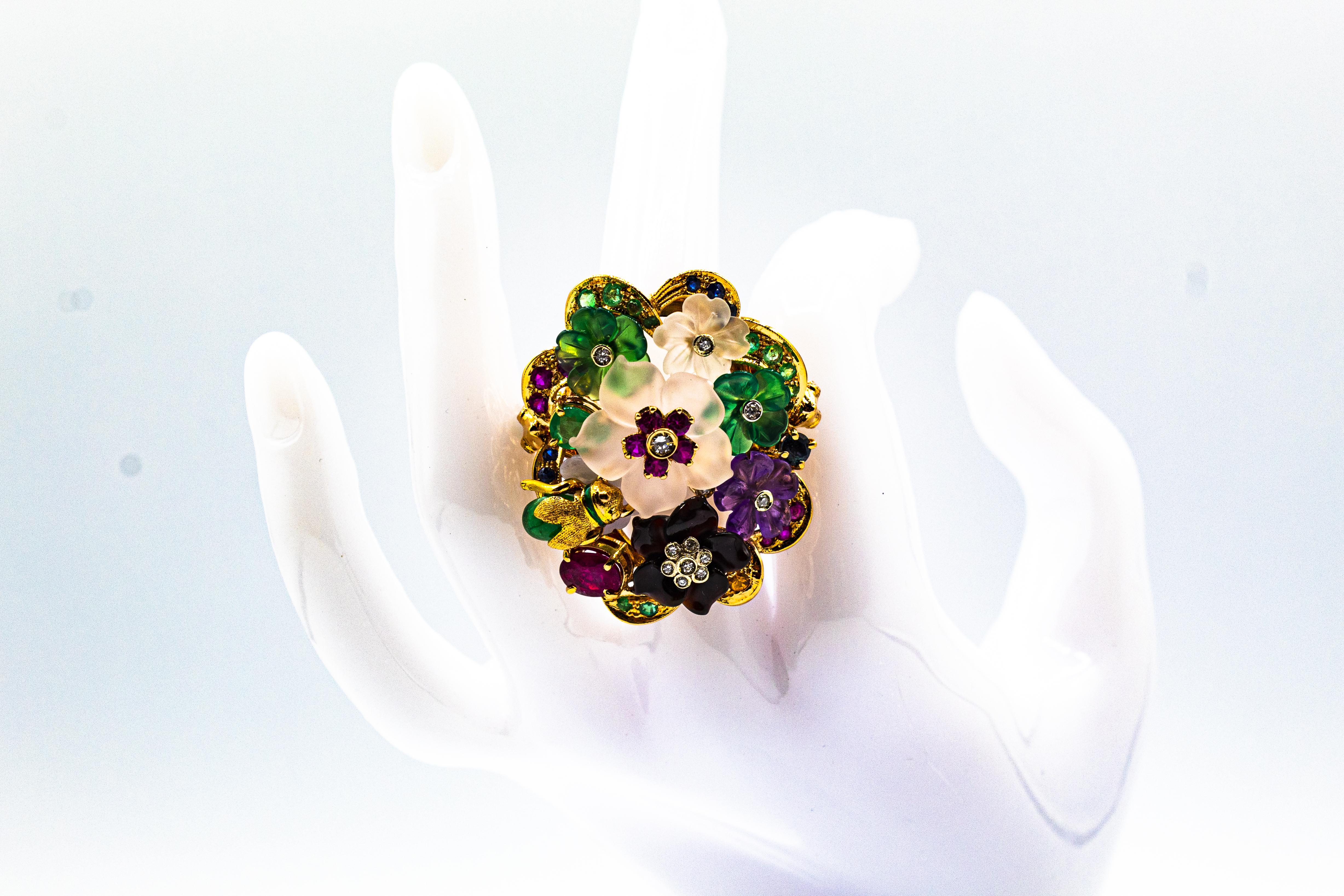 Art Nouveau Style Diamond Emerald Ruby Sapphire Amethyst Cocktail “Flowers” Ring 9