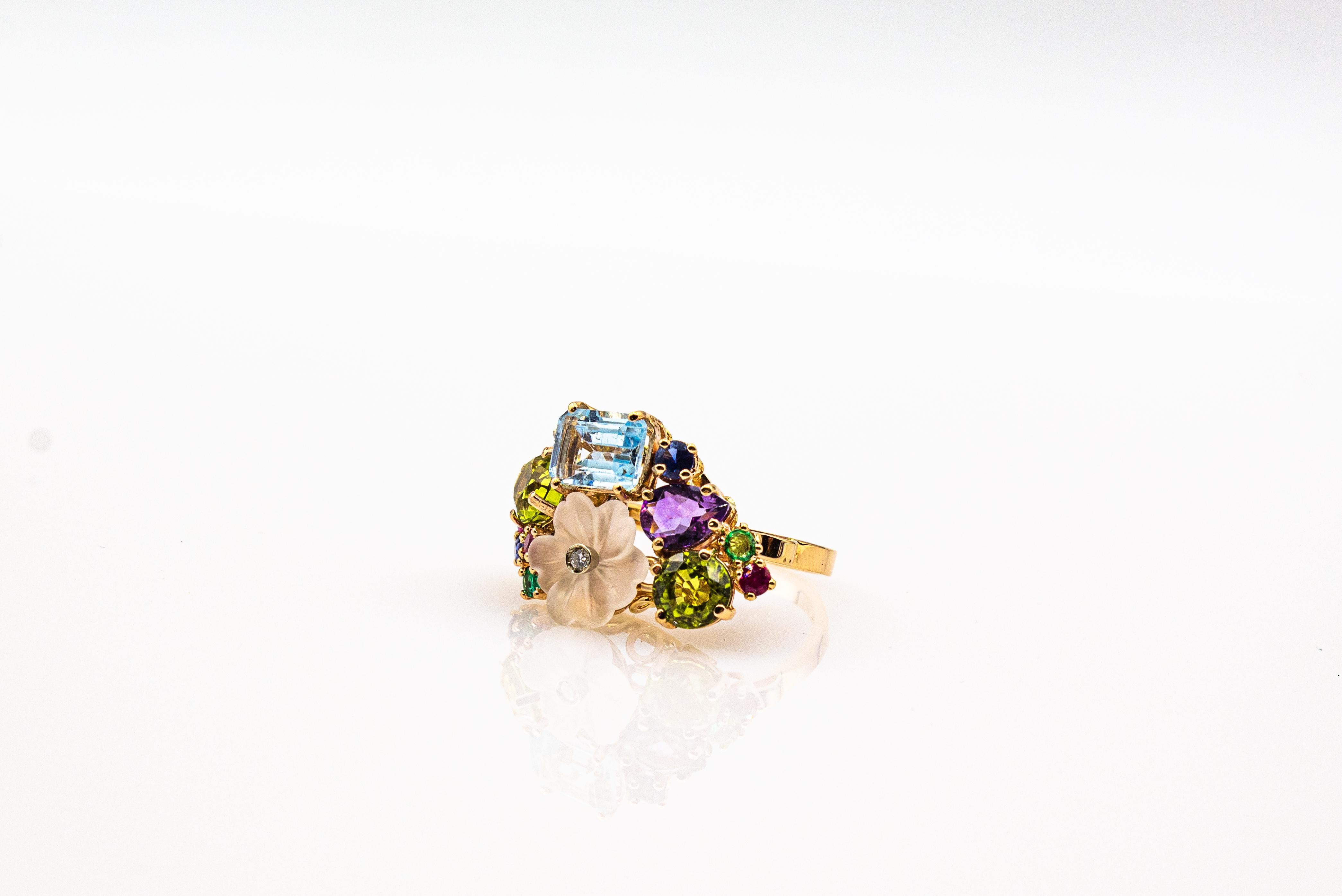 Art Nouveau Style Diamond Emerald Ruby Sapphire Amethyst Cocktail “Flowers” Ring For Sale 9