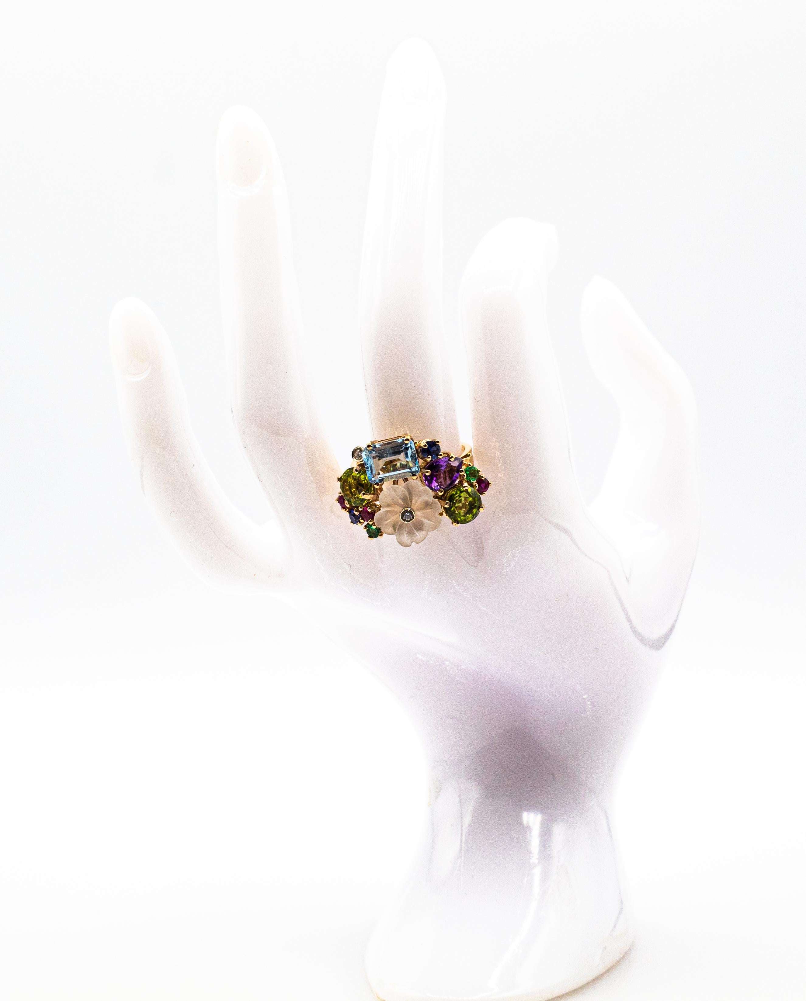 Art Nouveau Style Diamond Emerald Ruby Sapphire Amethyst Cocktail “Flowers” Ring 10