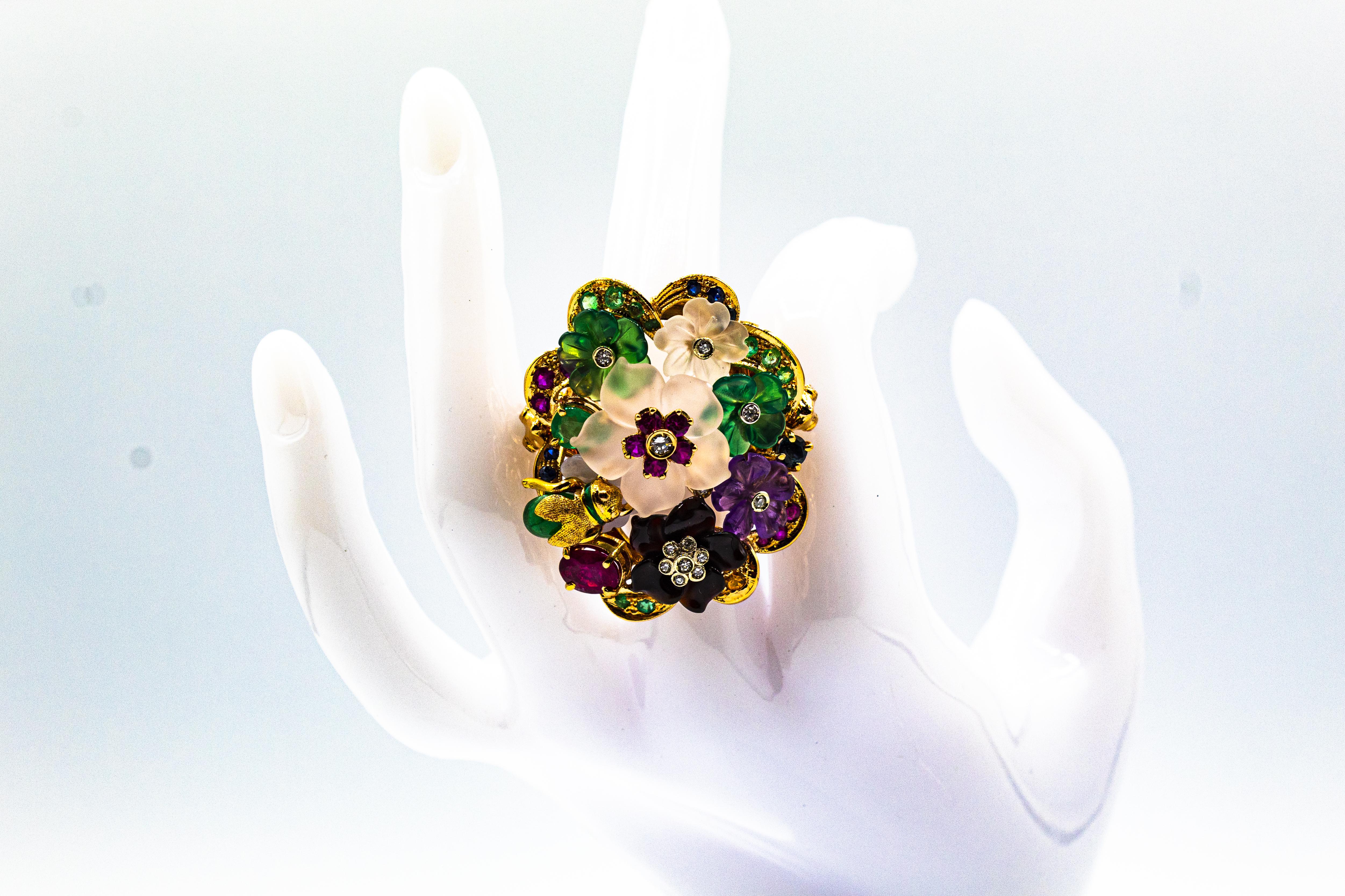 Art Nouveau Style Diamond Emerald Ruby Sapphire Amethyst Cocktail “Flowers” Ring 10