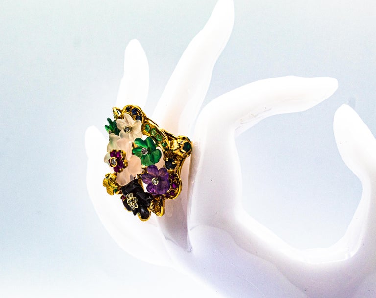 Art Nouveau Style Diamond Emerald Ruby Sapphire Amethyst Cocktail “Flowers” Ring For Sale 11