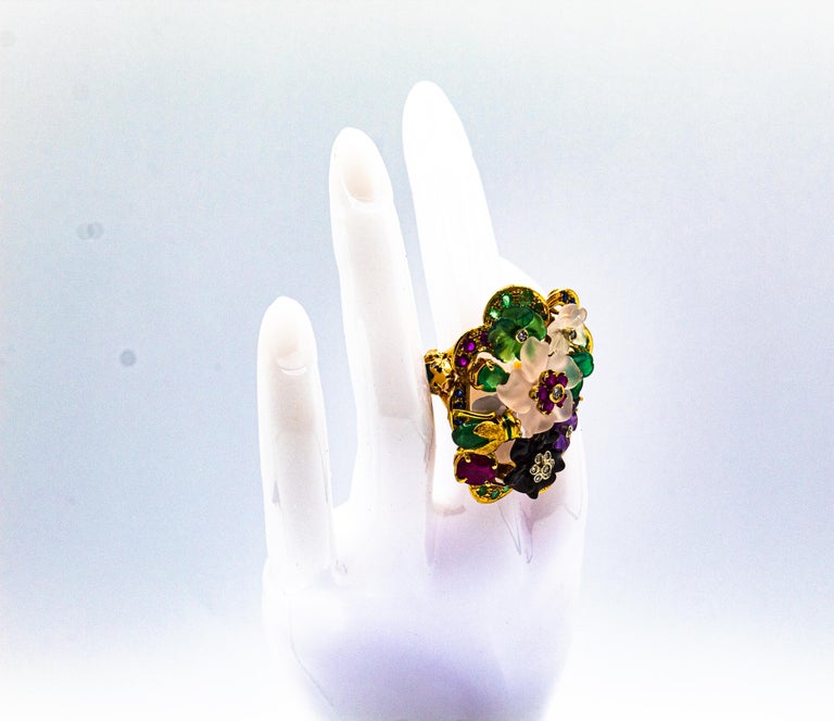 Art Nouveau Style Diamond Emerald Ruby Sapphire Amethyst Cocktail “Flowers” Ring For Sale 12