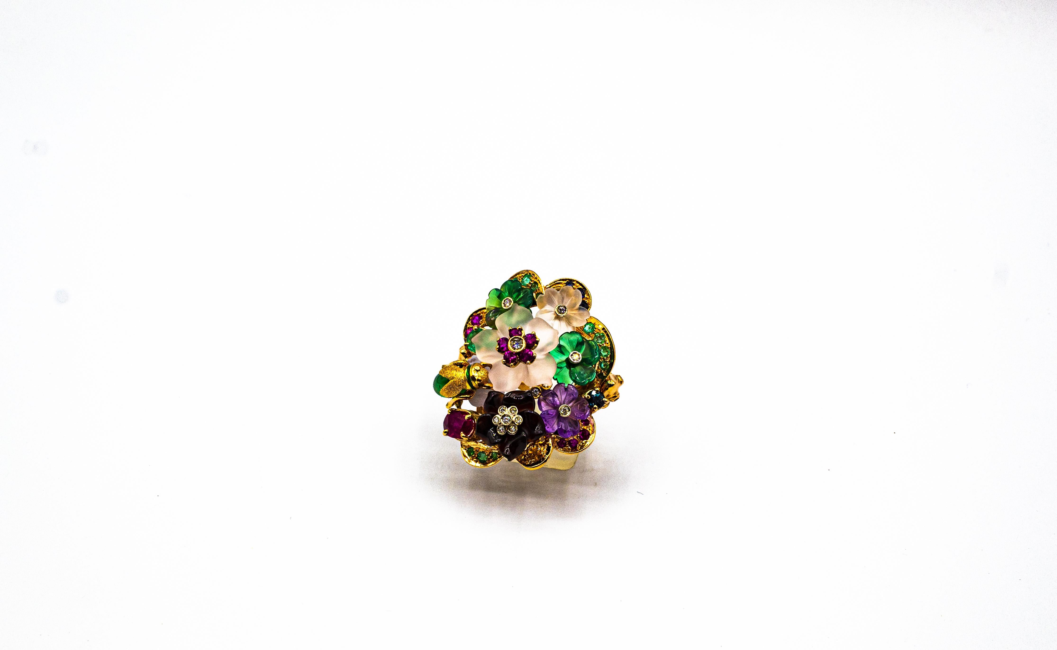 Brilliant Cut Art Nouveau Style Diamond Emerald Ruby Sapphire Amethyst Cocktail “Flowers” Ring