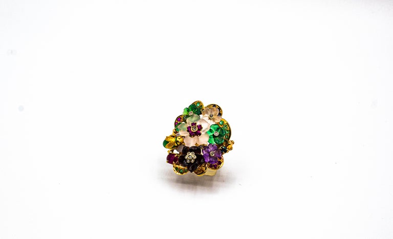 Art Nouveau Style Diamond Emerald Ruby Sapphire Amethyst Cocktail “Flowers” Ring In New Condition For Sale In Naples, IT