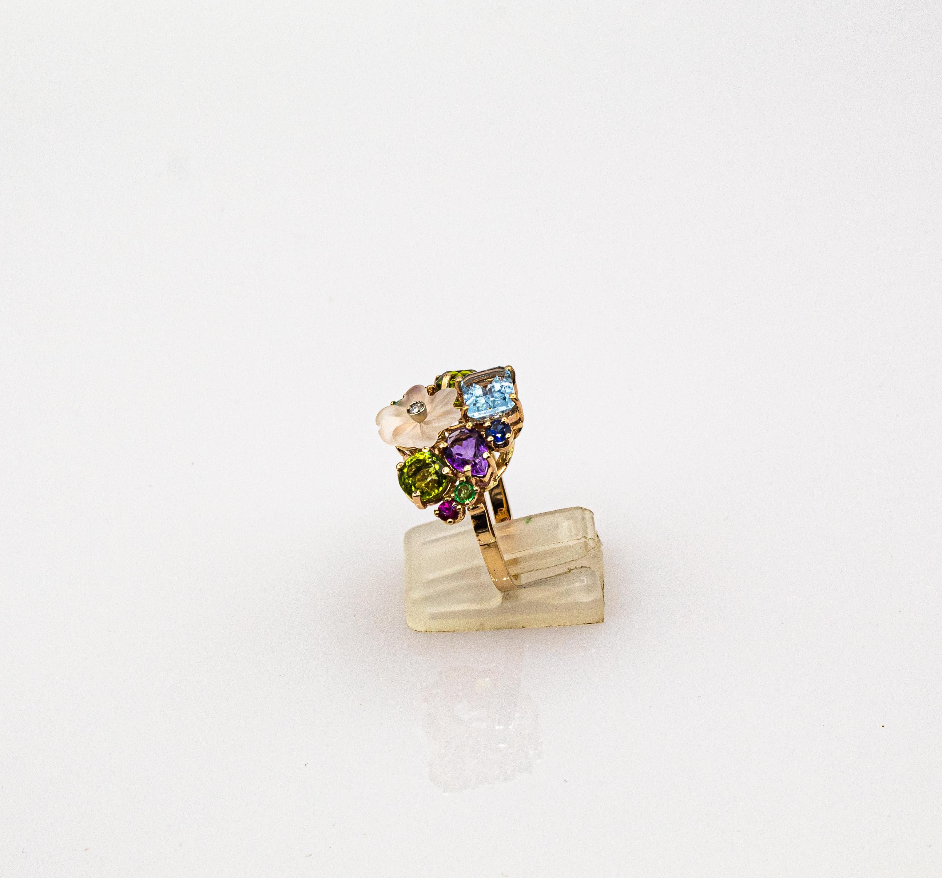Art Nouveau Style Diamond Emerald Ruby Sapphire Amethyst Cocktail “Flowers” Ring In New Condition In Naples, IT