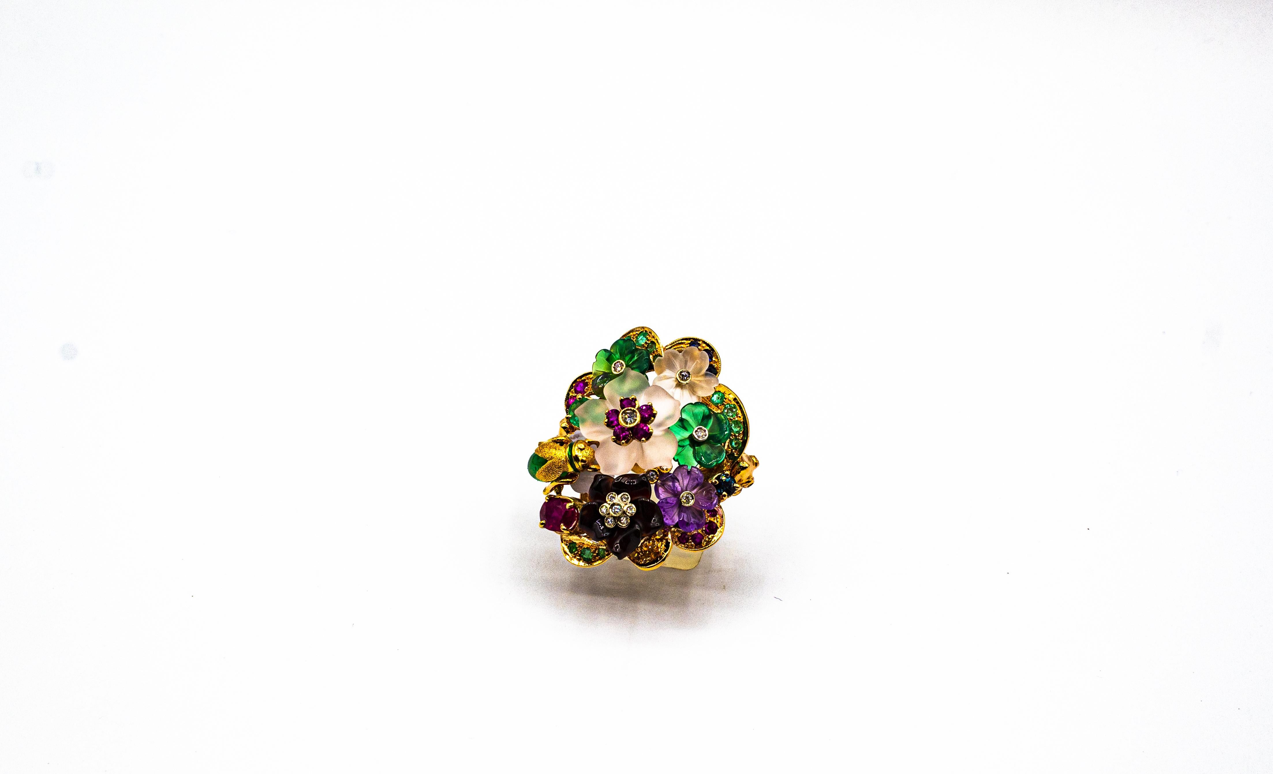 Art Nouveau Style Diamond Emerald Ruby Sapphire Amethyst Cocktail “Flowers” Ring In New Condition In Naples, IT