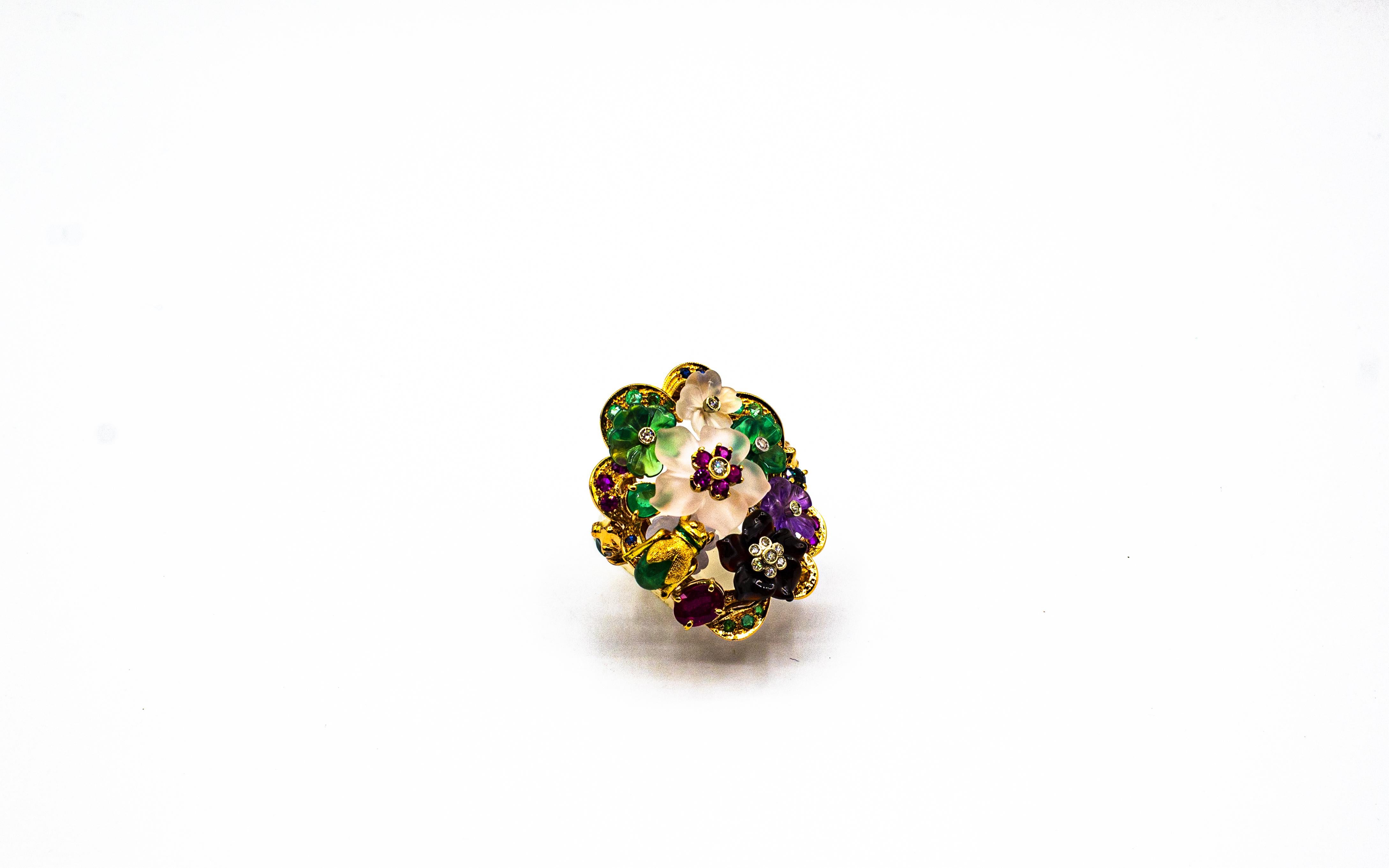 Women's or Men's Art Nouveau Style Diamond Emerald Ruby Sapphire Amethyst Cocktail “Flowers” Ring