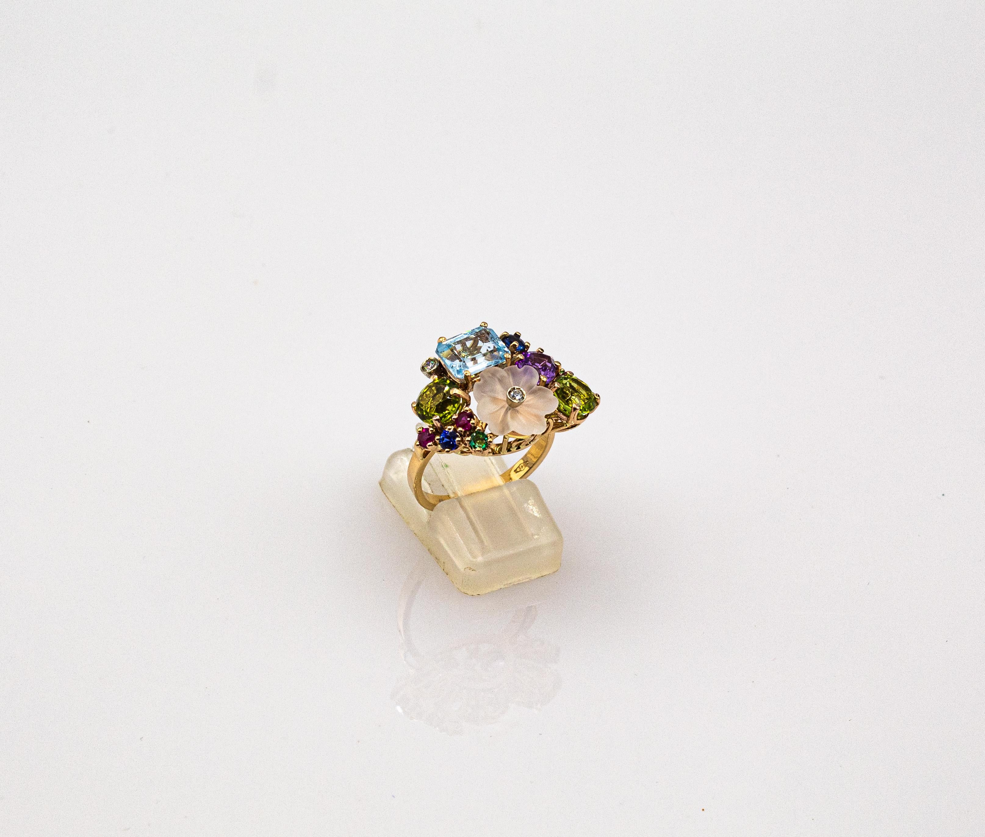 Brilliant Cut Art Nouveau Style Diamond Emerald Ruby Sapphire Amethyst Cocktail “Flowers” Ring